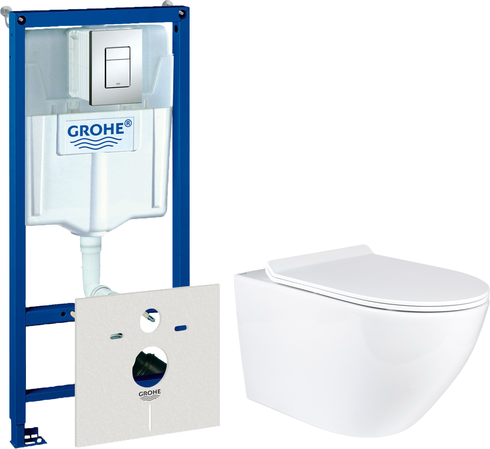 Комплект 2 в 1 Унитаз подвесной BOND Oval F01-10Long + Инсталляция с кнопкой Grohe Rapid SL 38775001 цвет хром