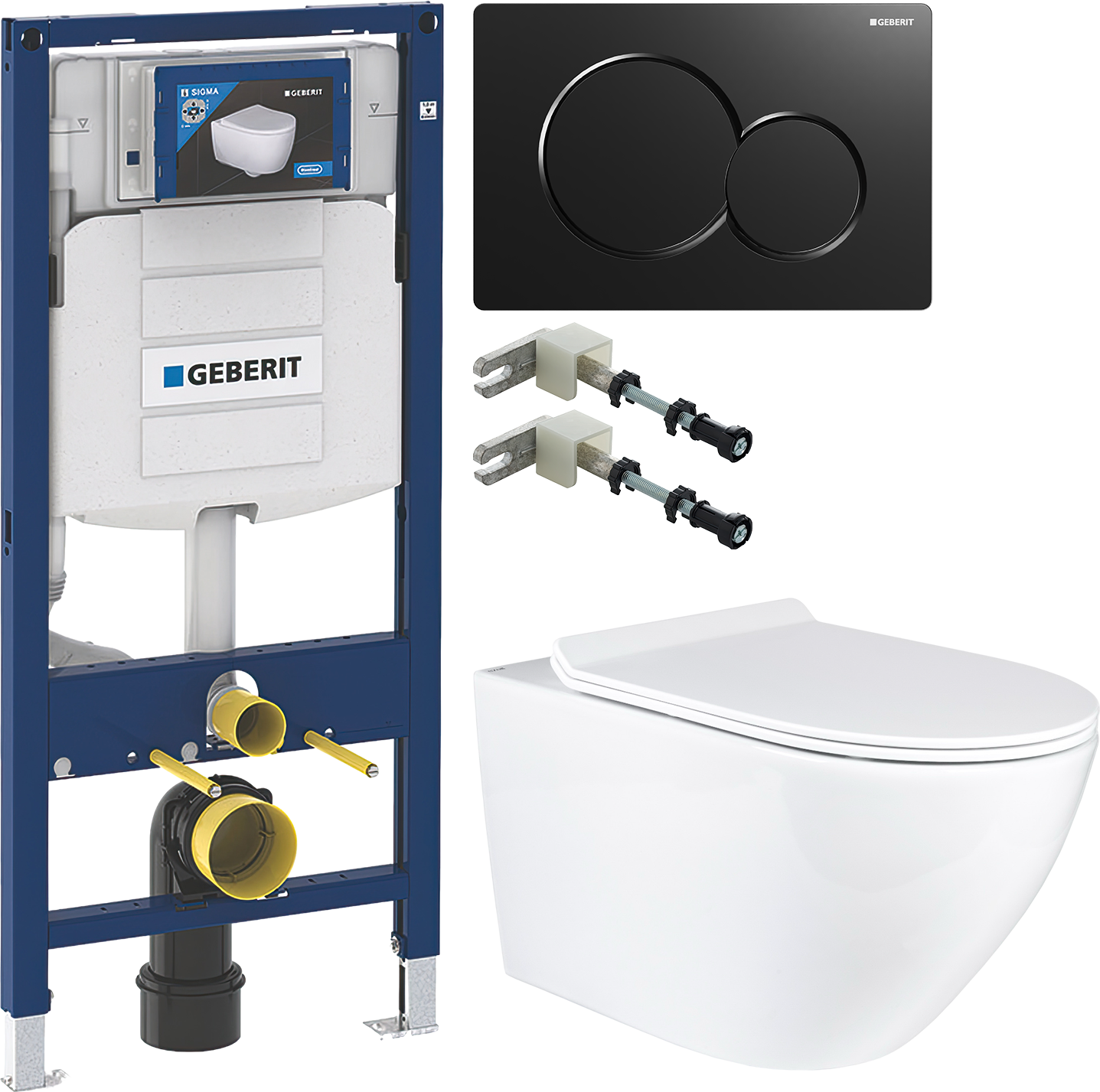 Комплект 4 в 1 Унитаз подвесной BOND Oval F01-10Long + Инсталляция Geberit Duofix UP 320 111.300.00.5 (111.950.00.6) + Кнопка Sigma 01 115.770.DW.5 цвет черный + Крепления 111.815.00.1 к стене