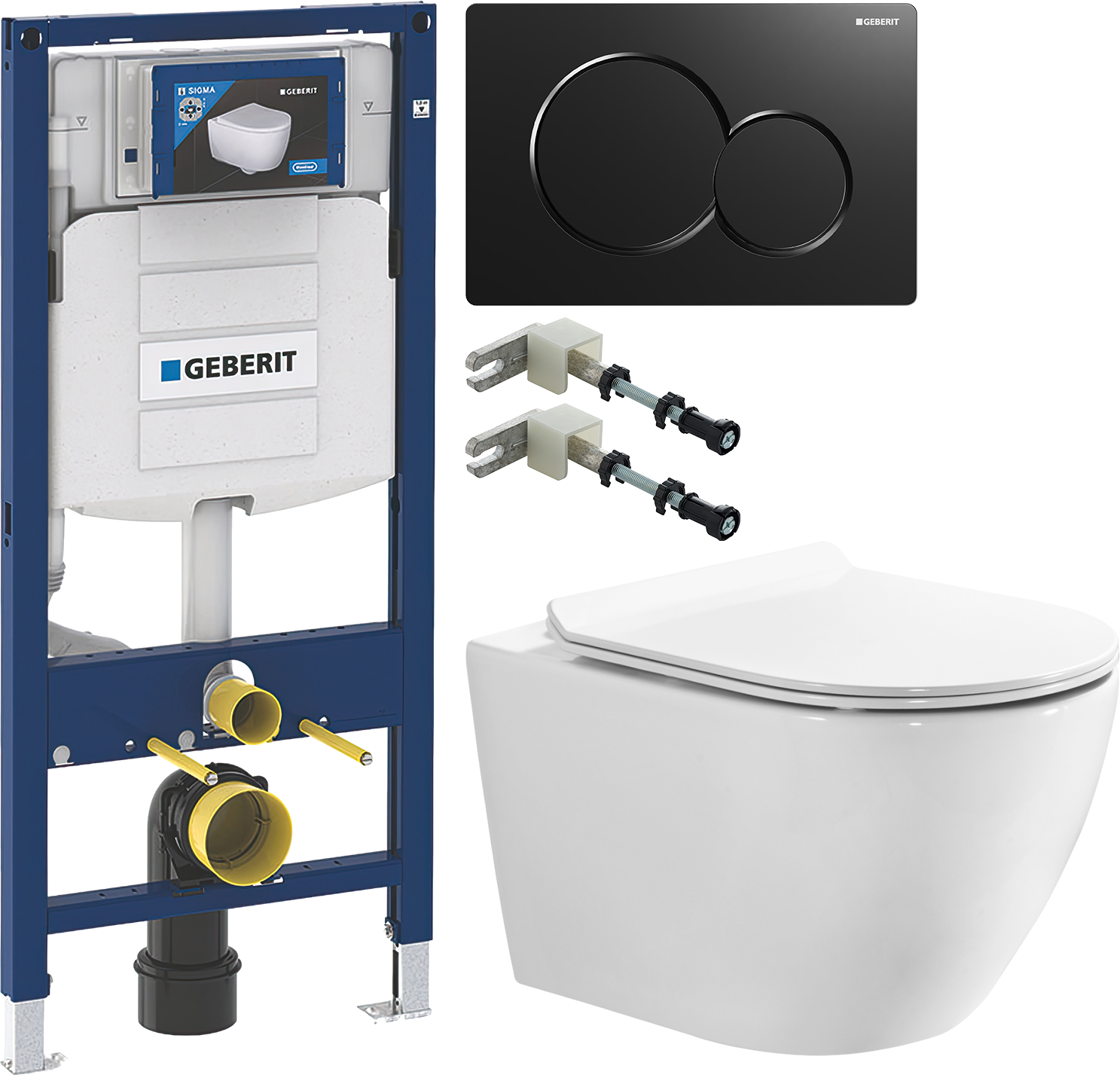 Комплект 4 в 1 Унитаз подвесной BOND Oval F12-10 + Инсталляция Geberit Duofix UP 320 111.300.00.5 (111.950.00.6) + Кнопка Sigma 01 115.770.DW.5 цвет черный + Крепления 111.815.00.1 к стене