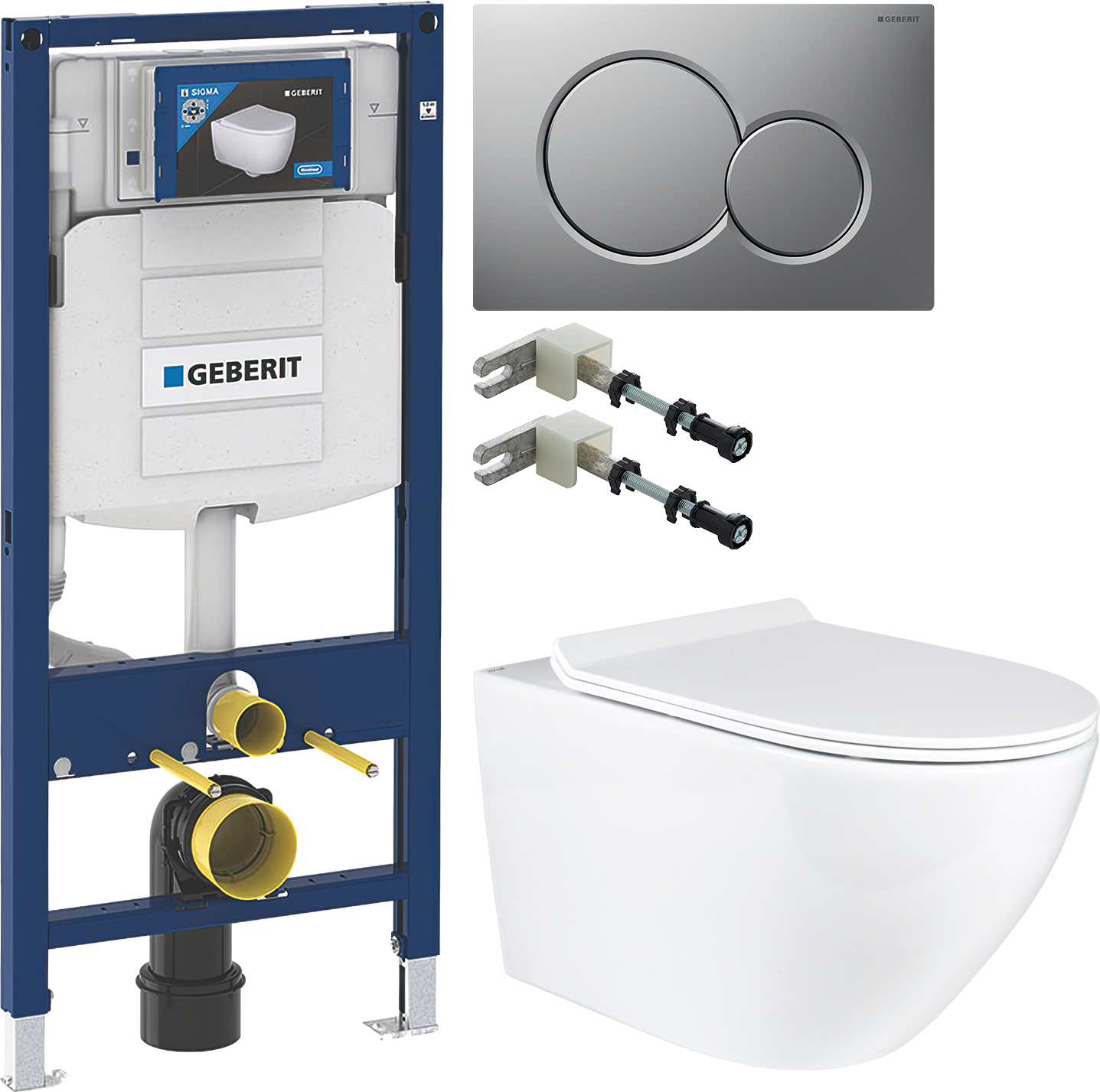 Комплект 4 в 1 Унитаз подвесной BOND Oval F01-10Long + Инсталляция Geberit Duofix UP 320 111.300.00.5 (111.950.00.6) + Кнопка Sigma 01 115.770.JQ.5 цвет матовый хром + Крепления 111.815.00.1 к стене