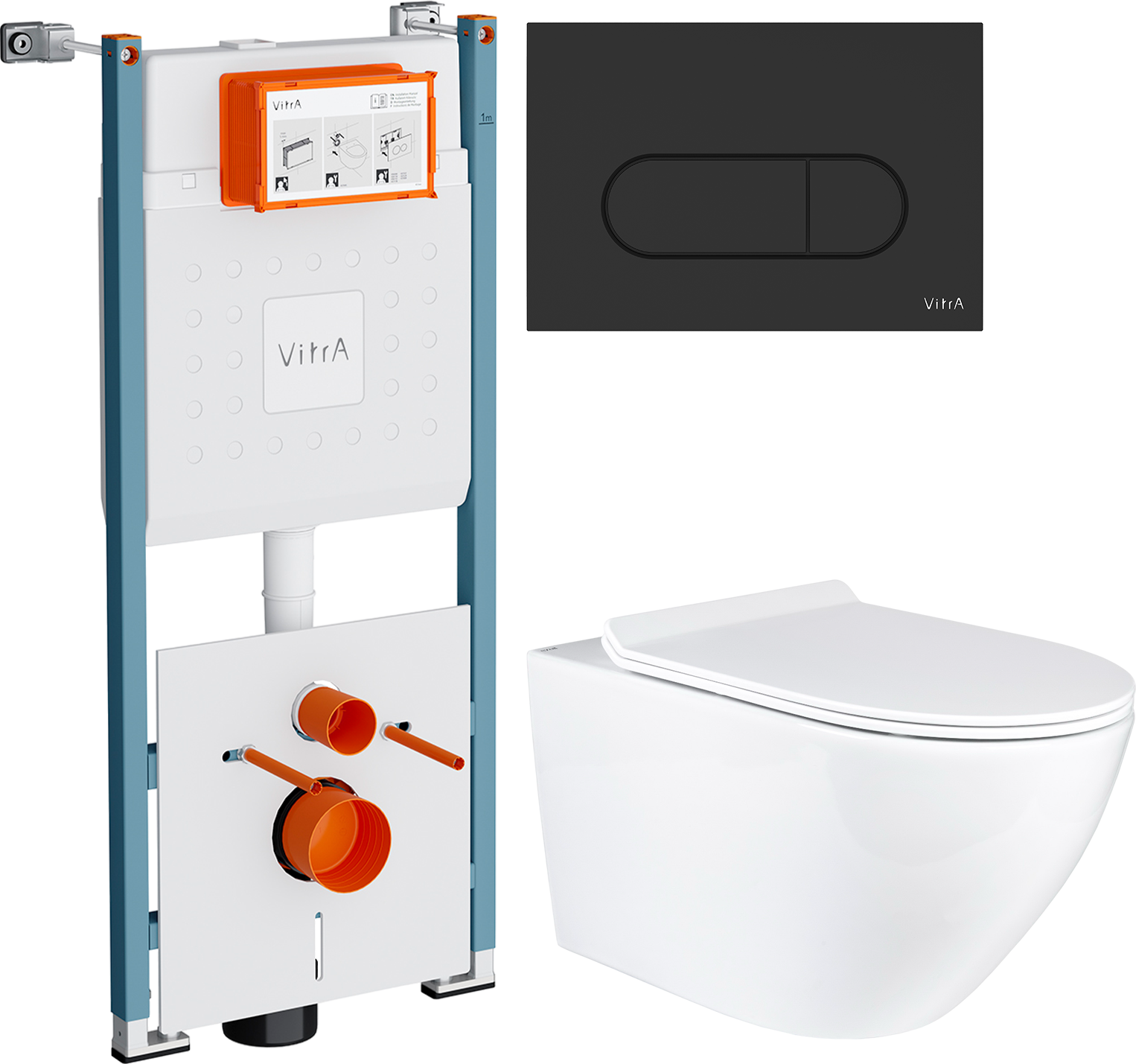 Комплект 3 в 1 Унитаз подвесной BOND Oval F01-10Long + Инсталляция VitrA V-Fix Core 732-5800-01PV + Кнопка Root Round 740-2211 цвет матовый черный