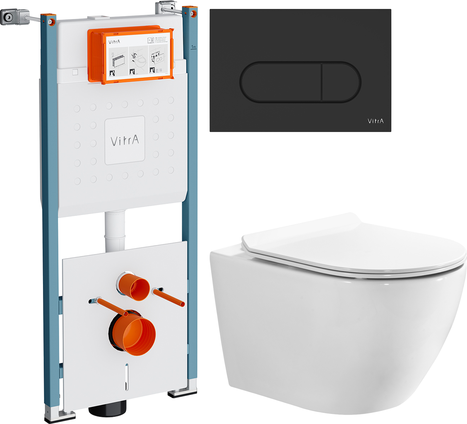 Комплект 3 в 1 Унитаз подвесной BOND Oval F12-10 + Инсталляция VitrA V-Fix Core 732-5800-01PV + Кнопка Root Round 740-2211 цвет матовый черный