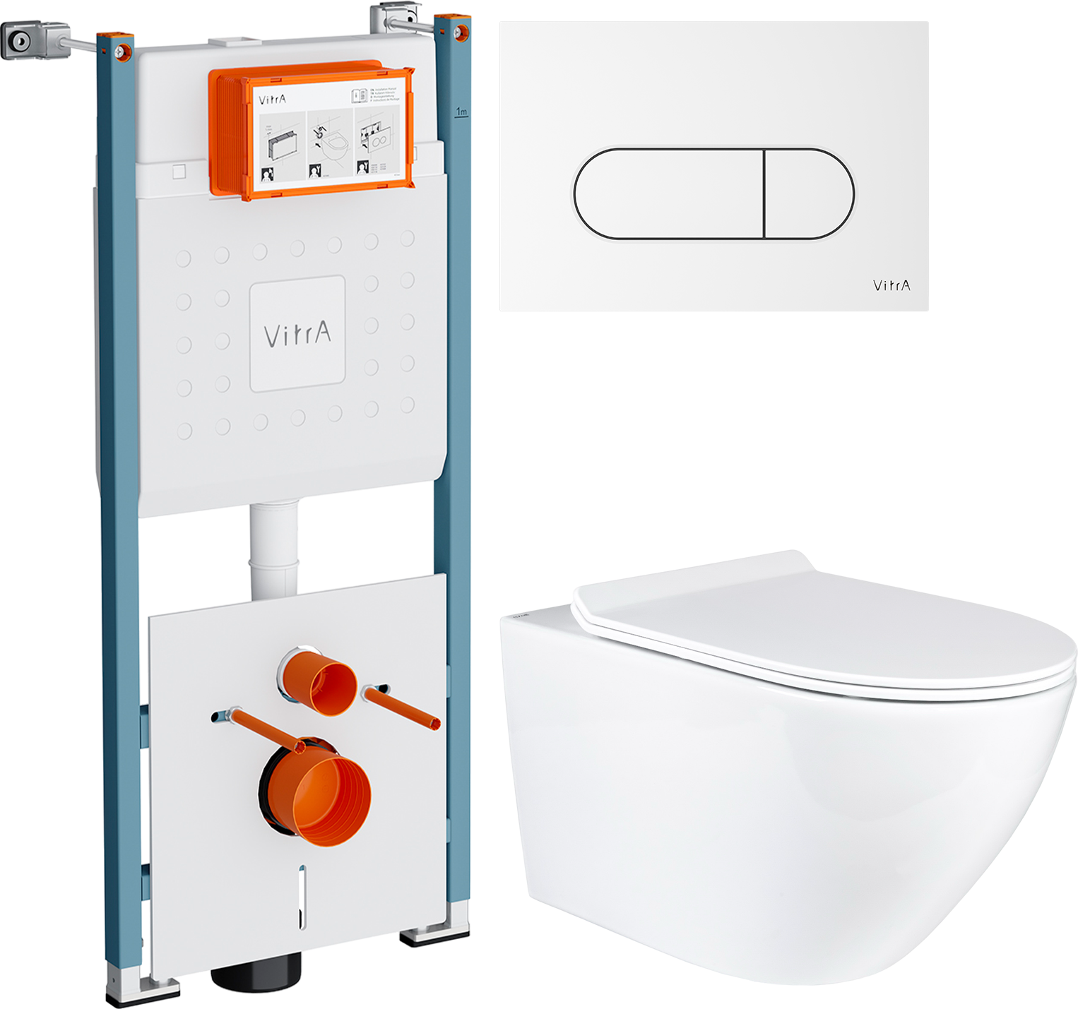 Комплект 3 в 1 Унитаз подвесной BOND Oval F01-10Long + Инсталляция VitrA V-Fix Core 732-5800-01PV + Кнопка Root Round 740-2200 цвет глянцевый белый
