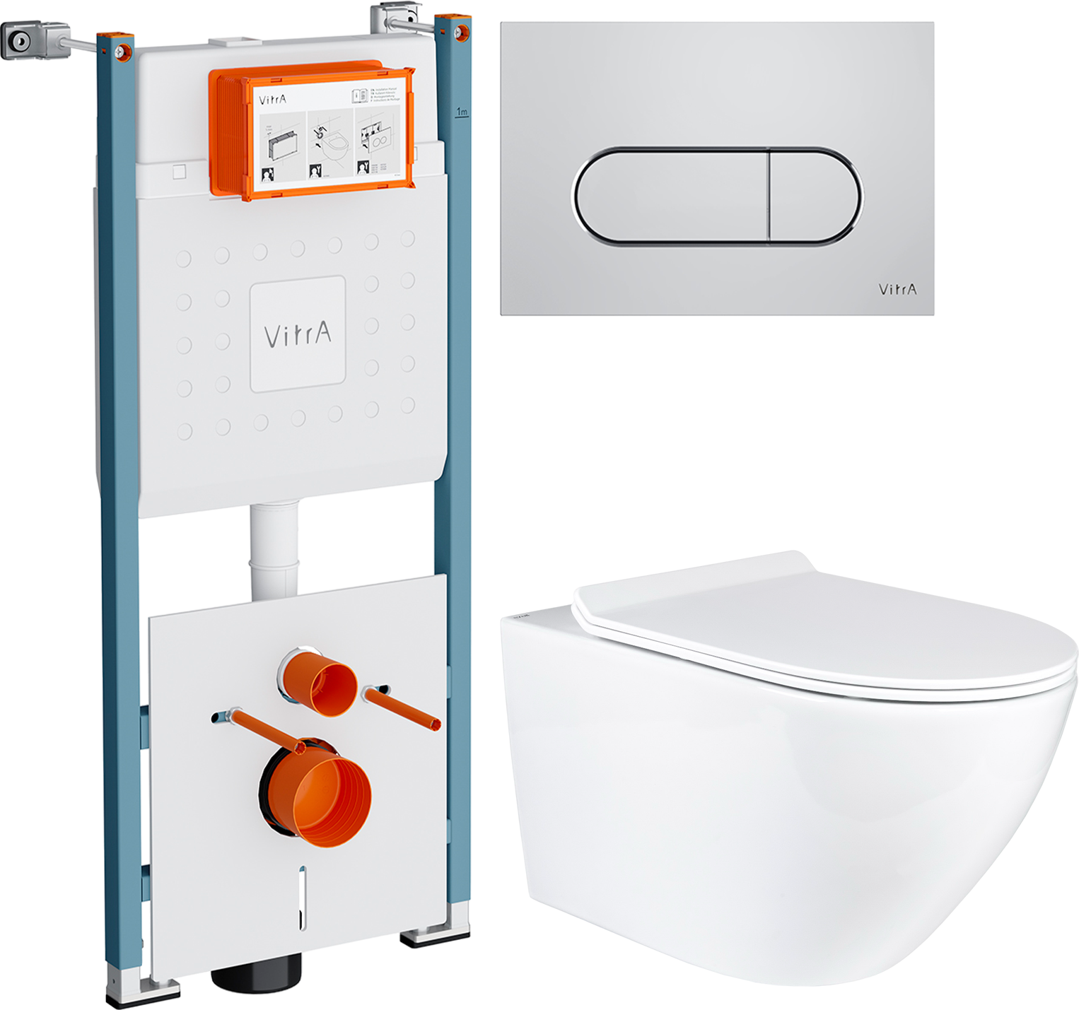 Комплект 3 в 1 Унитаз подвесной BOND Oval F01-10Long + Инсталляция VitrA V-Fix Core 732-5800-01PV + Кнопка Root Round 740-2280 цвет хром