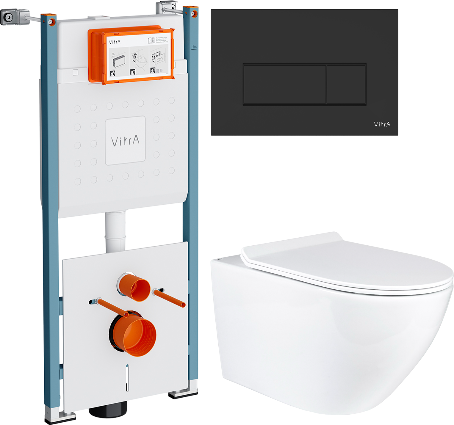 Комплект 3 в 1 Унитаз подвесной BOND Oval F01-10Long + Инсталляция VitrA V-Fix Core 732-5800-01PV + Кнопка Root Square 740-2311 цвет матовый черный