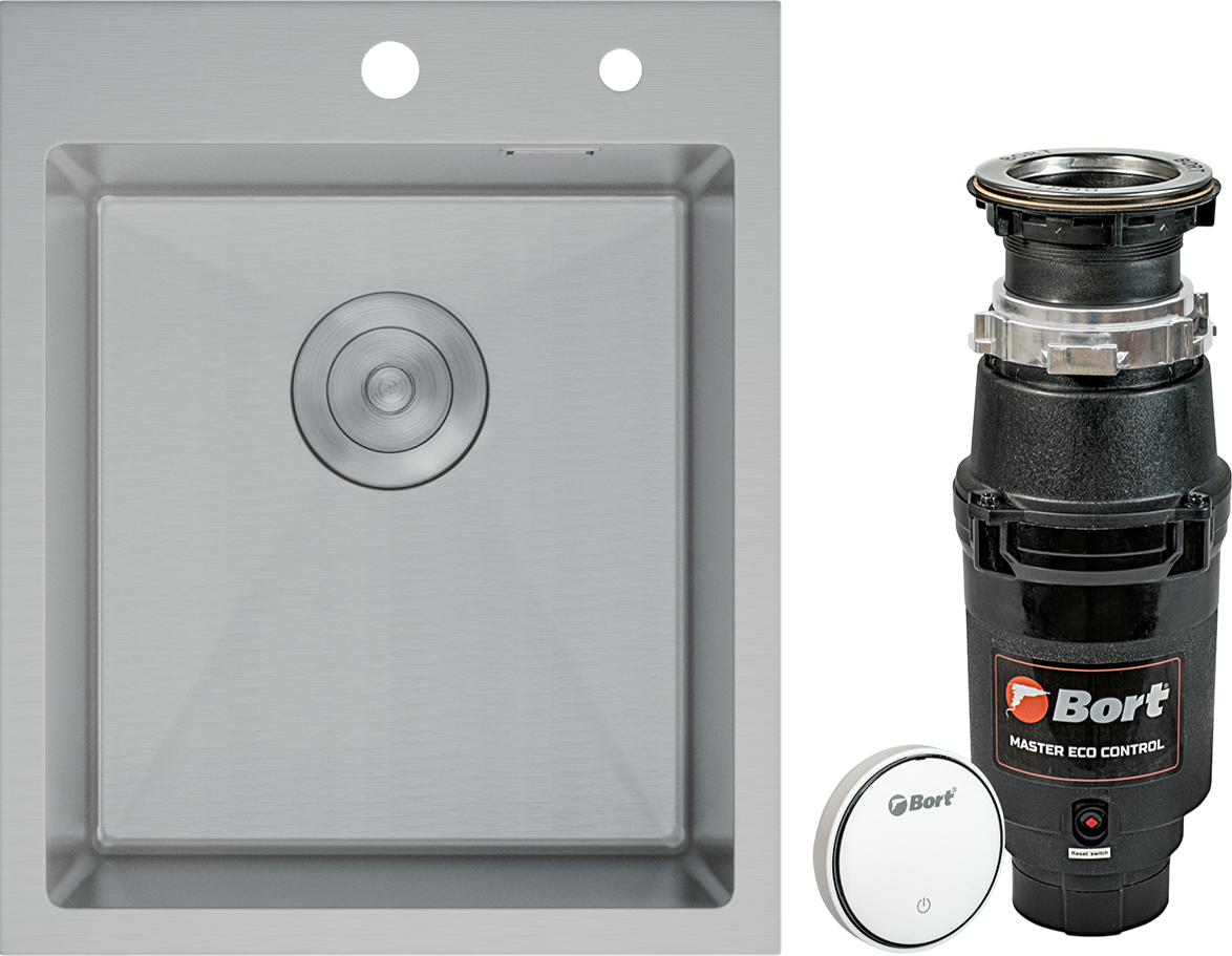 Комплект Мойка D&K DKS415004, сатин + Измельчитель Bort Master Eco Control