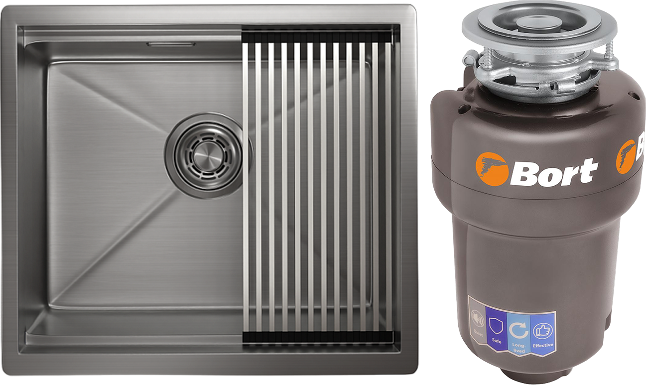 Комплект Мойка Granula Kitchen Space 5045U, сталь сатин + Измельчитель Bort Titan Max Power, FullControl