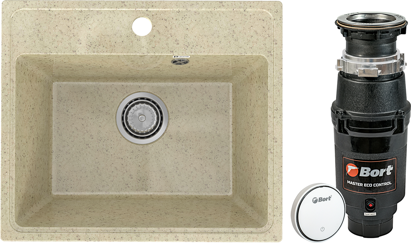 Комплект Мойка Practik PR-M 490-002, слоновая кость + Измельчитель Bort Master Eco Control