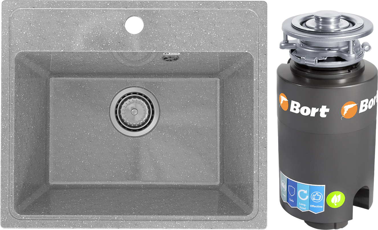 Комплект Мойка Practik PR-M 490-003, светло-серая + Измельчитель Bort Titan 4000