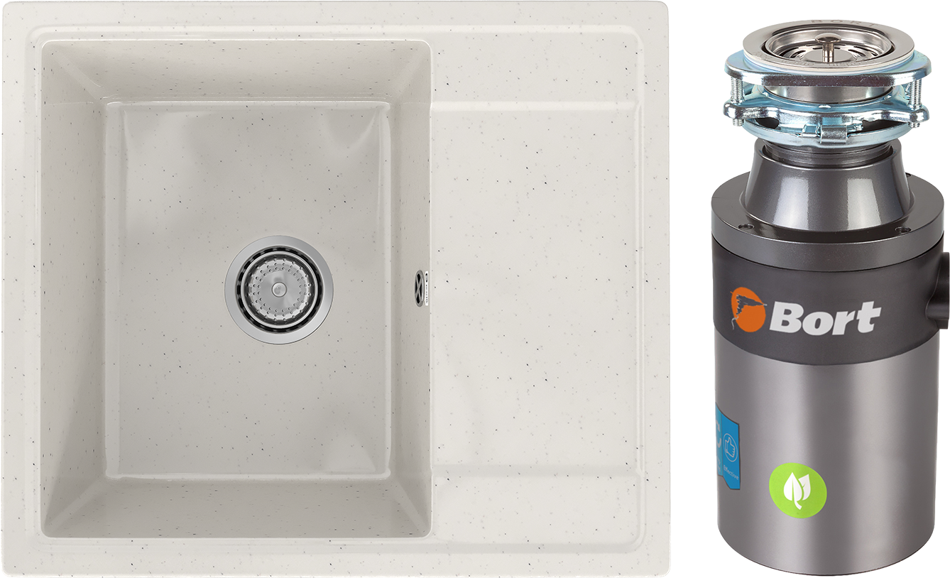 Комплект Мойка Practik PR-M 575-001, белый камень + Измельчитель Bort Titan 4000 Plus