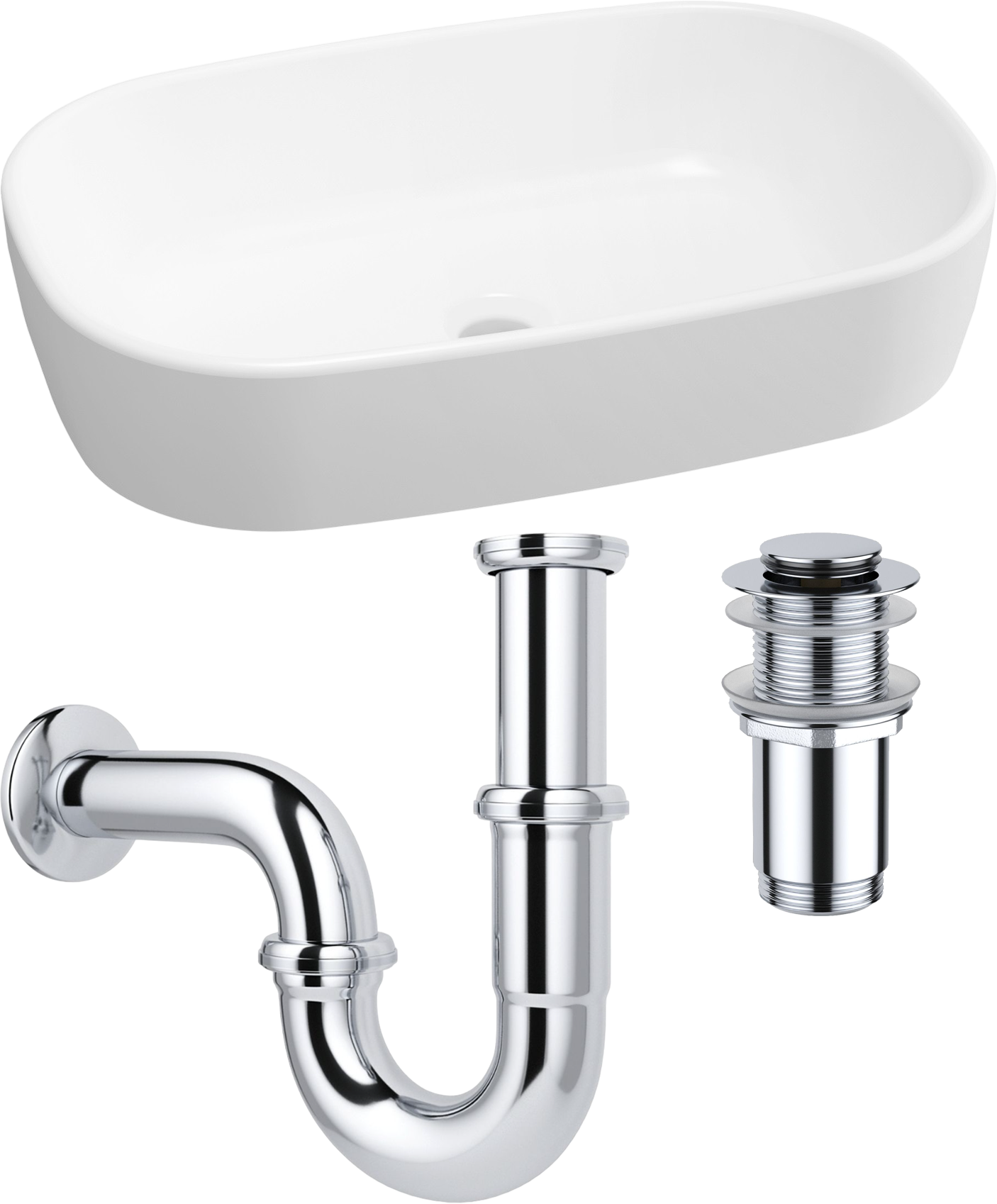 Комплект 3 в 1 Накладная раковина Lavinia Boho Bathroom Sink 33311002 54 глянцевая белая + Донный клапан Wellsee Drainage System 182139000 хром + Сифон 182103000 бутылочный, хром