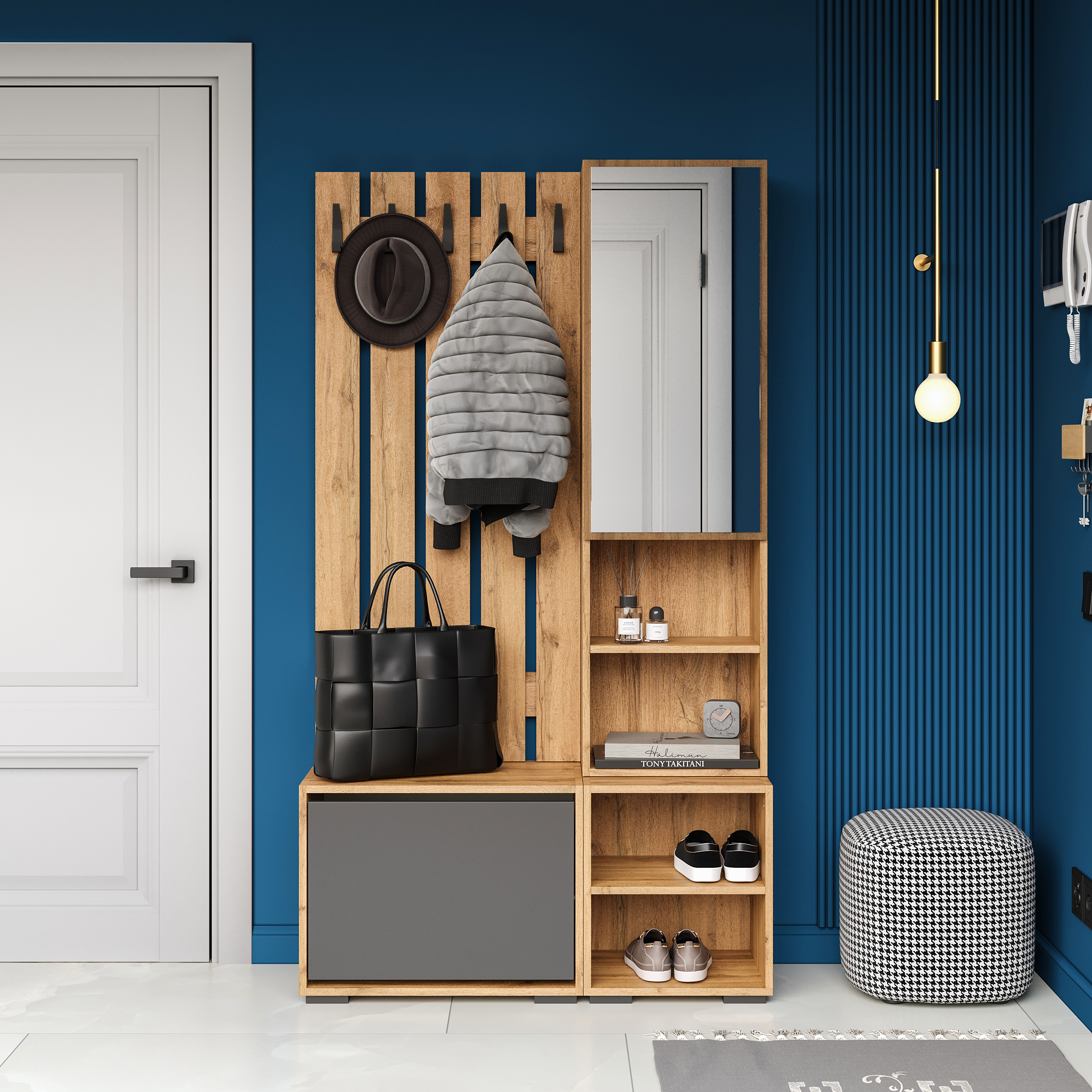 Прихожая DIWO Кострома 100 с обувницей и зеркальным шкафом, дуб вотан, антрацит, крючок черный