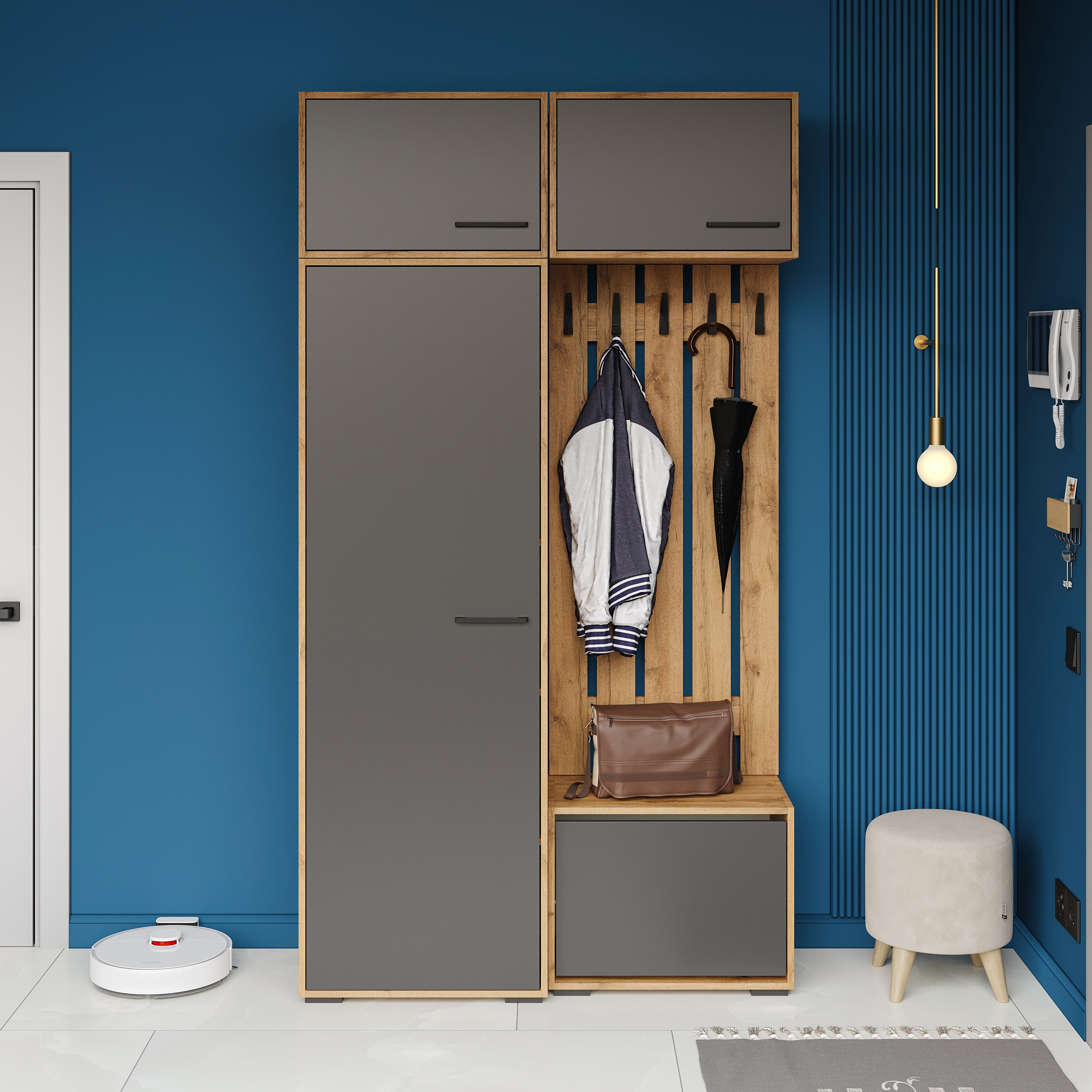 Прихожая DIWO Кострома 120 со шкафом и обувницей, дуб вотан, антрацит, ручка черная