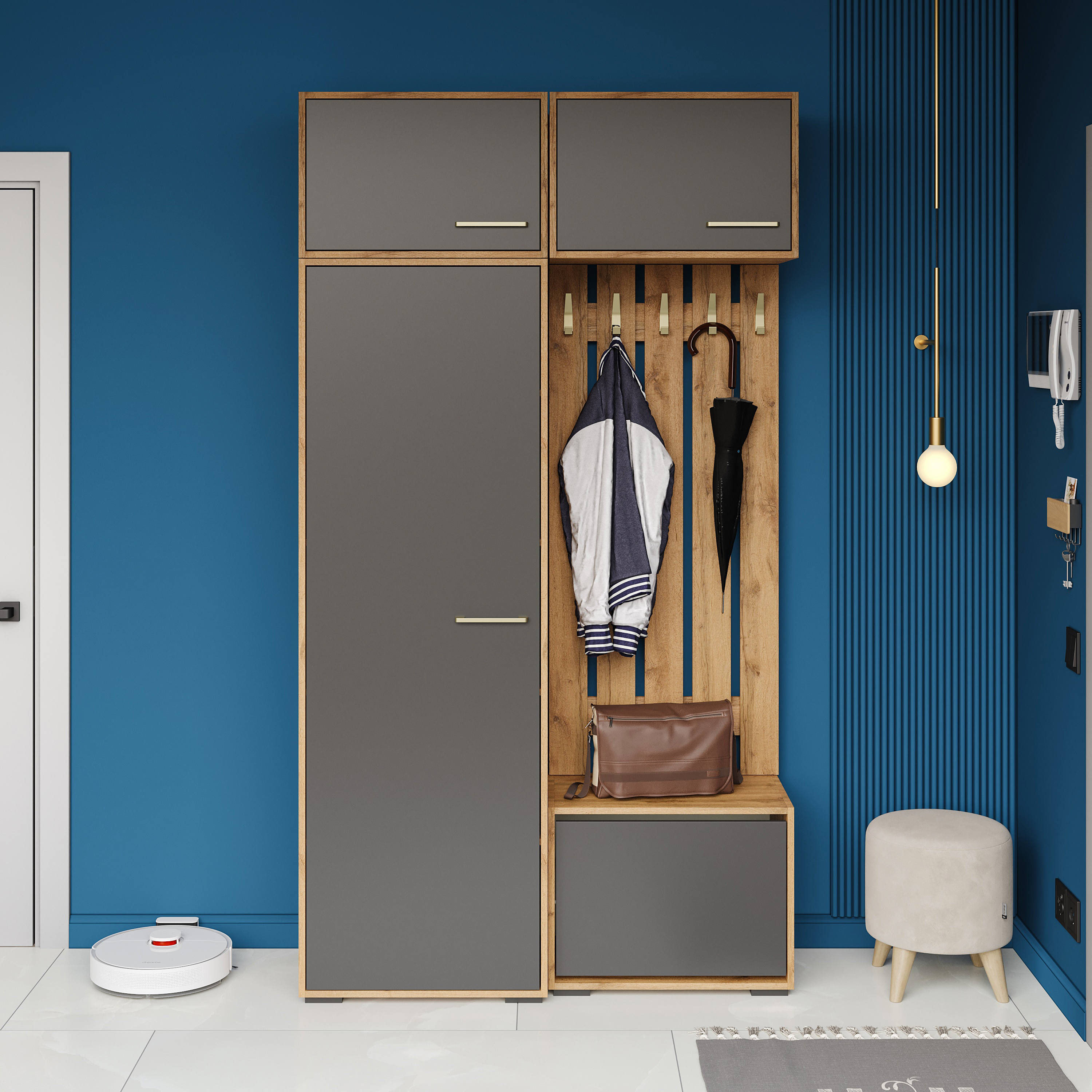 Прихожая DIWO Кострома 120 со шкафом и обувницей, дуб вотан, антрацит, ручка золото