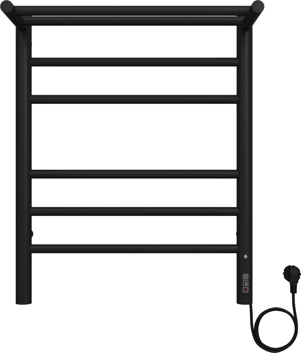 Полотенцесушитель электрический Terminus Аврора П6 60x50 см, подключение справа, слева, черный матовый 9005, лесенка, из стали, с полкой