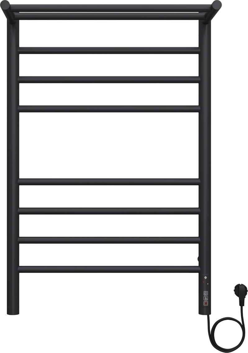 Полотенцесушитель электрический Terminus Аврора П8 80x55 см, подключение справа, слева, черный матовый 9005, лесенка, из стали, с полкой