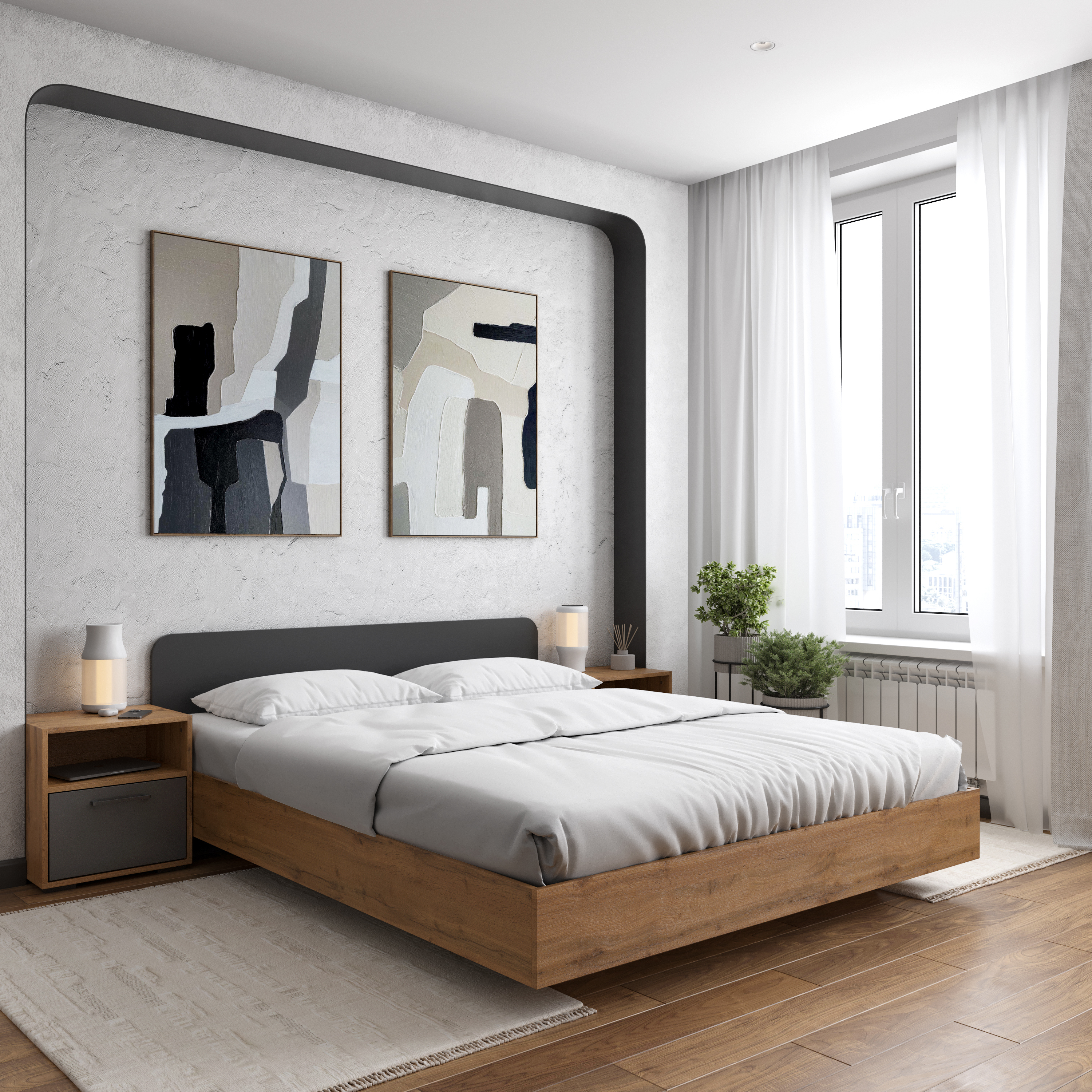 Спальный гарнитур DIWO Кострома 160x200 с прикроватными тумбами, дуб вотан, антрацит, ручка черная