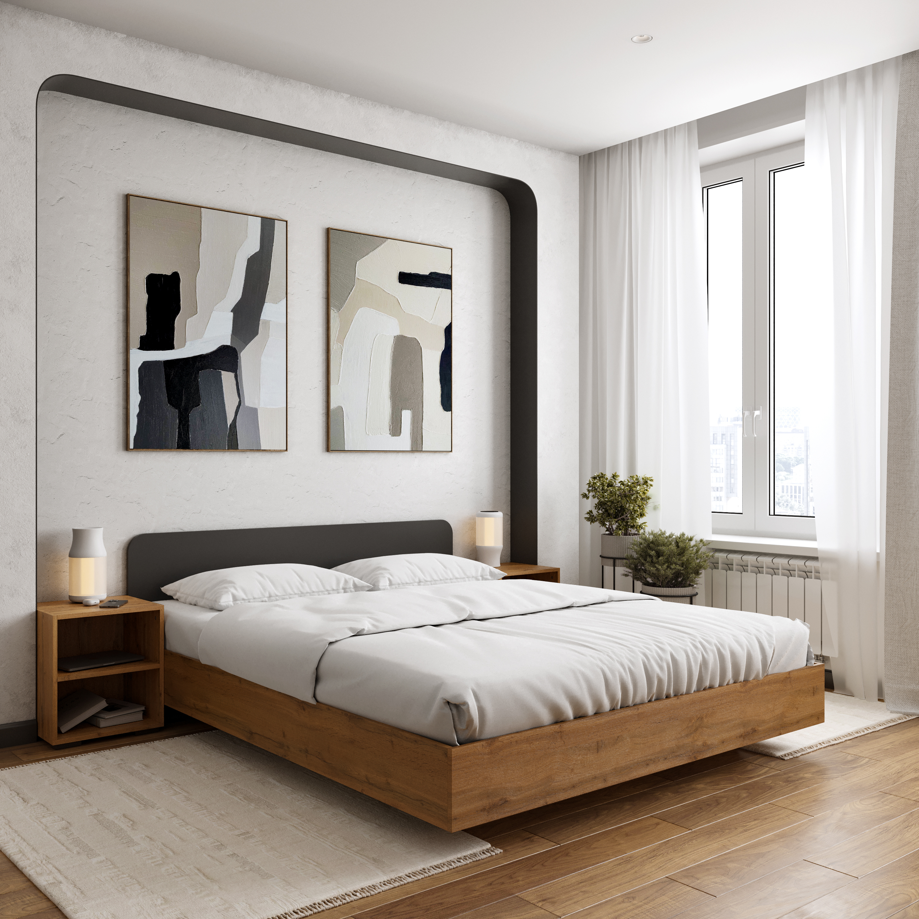 Спальный гарнитур DIWO Кострома 160x200 с прикроватными тумбами, дуб вотан, антрацит