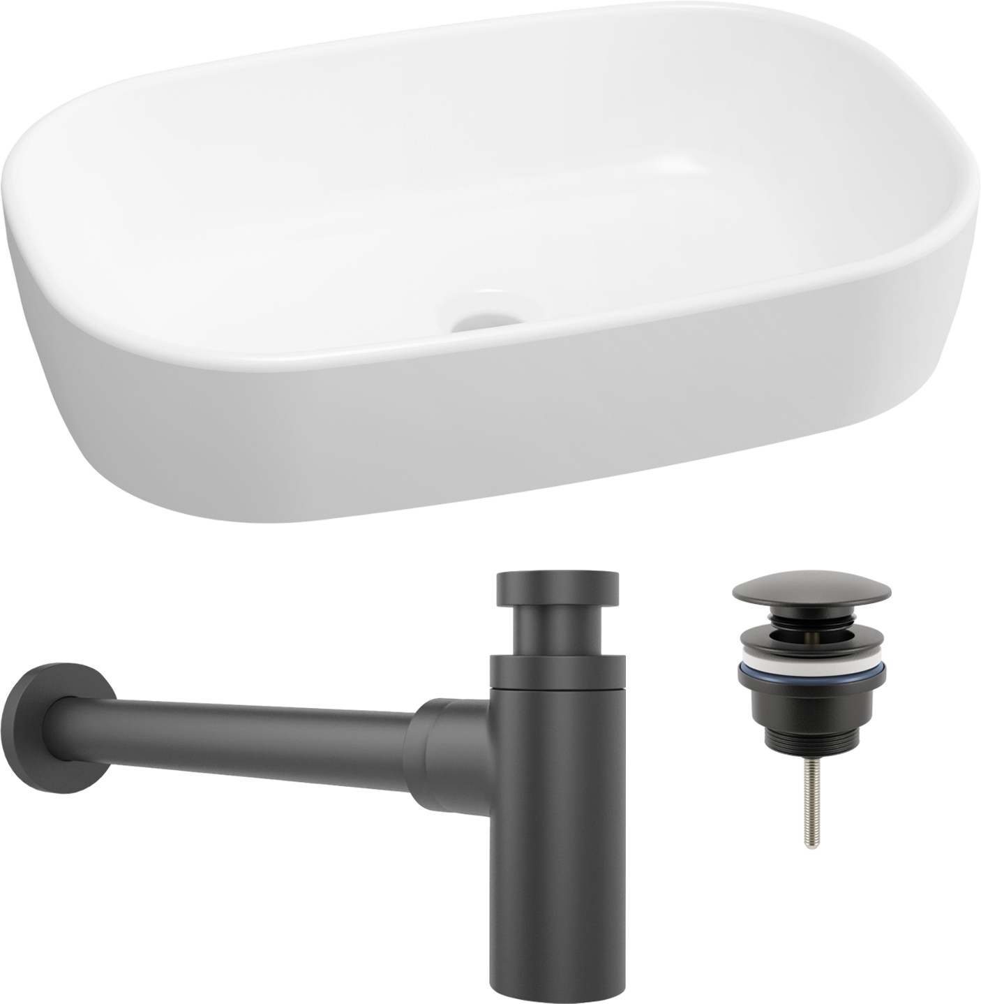 Комплект 3 в 1 Накладная раковина Lavinia Boho Bathroom Sink 33311002 54 глянцевая белая + Донный клапан Wellsee Drainage System 182140000 матовый черный + Сифон 182120000 бутылочный, матовый черный