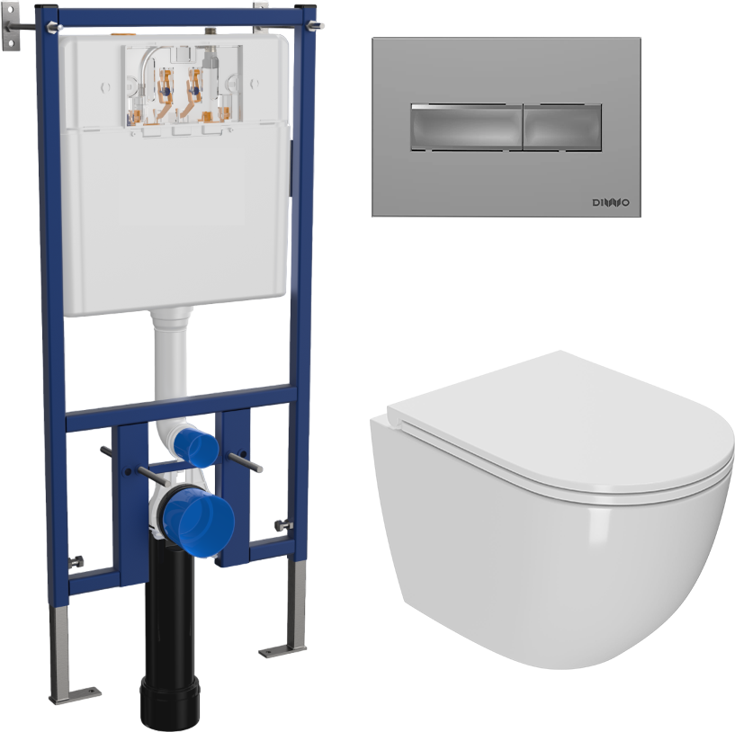 Комплект 3 в 1 Унитаз подвесной Bauedge Bau Dream Hurricane-2 с микролифтом, безободковый, белый + Инсталляция DIWO 4501 + Кнопка 7321 цвет матовый хром