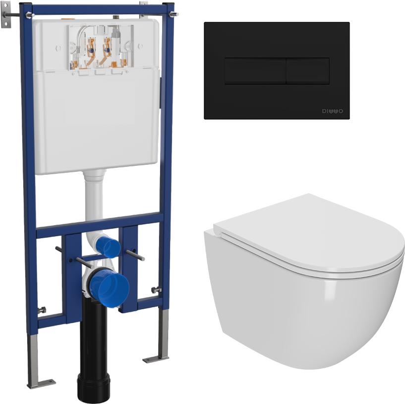 Комплект 3 в 1 Унитаз подвесной Bauedge Bau Dream Hurricane-2 с микролифтом, безободковый, белый + Инсталляция DIWO 4501 + Кнопка 7323 цвет матовый черный