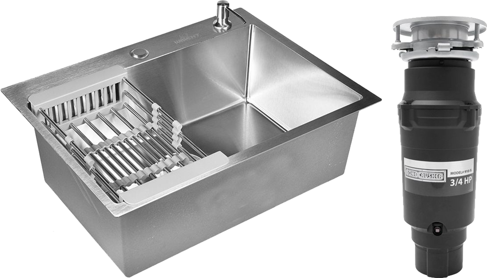 Комплект Мойка Wisent 6045, с раздвижным коландером и дозатором, сатин + Измельчитель Bone Crusher BC 910-SL-Slim Line
