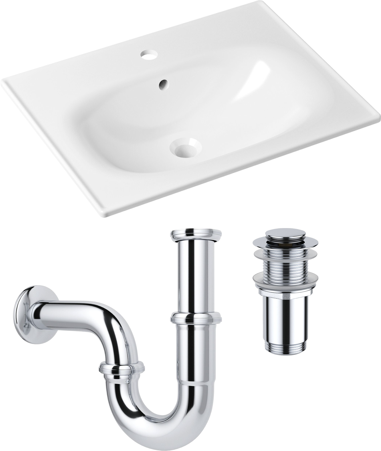 Комплект 3 в 1 Раковина Lavinia Boho Bathroom Sink 33312010 60 глянцевая белая + Донный клапан Wellsee Drainage System 182139000 хром + Сифон 182103000 бутылочный, хром