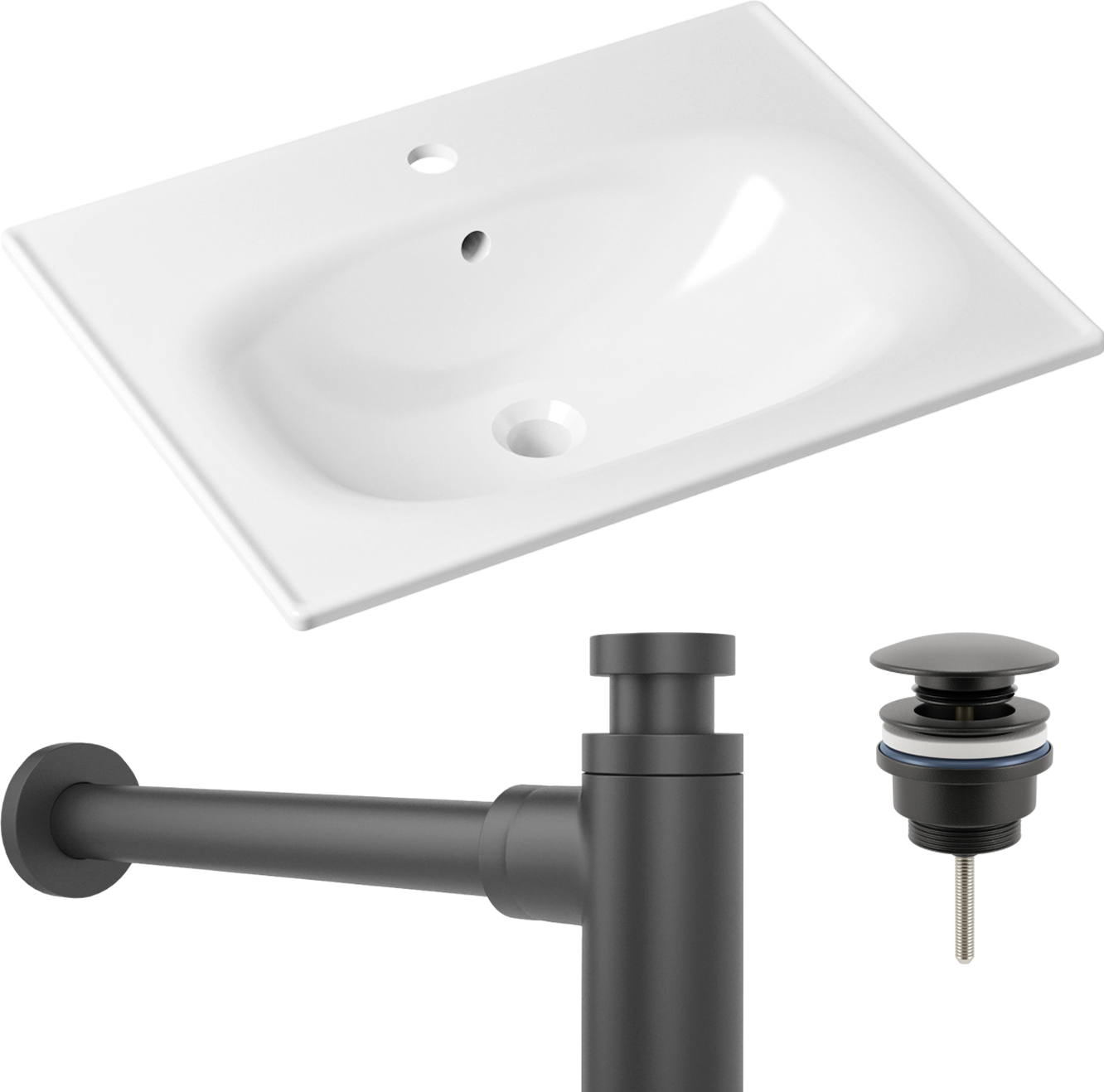 Комплект 3 в 1 Раковина Lavinia Boho Bathroom Sink 33312010 60 глянцевая белая + Донный клапан Wellsee Drainage System 182140000 матовый черный + Сифон 182120000 бутылочный, матовый черный