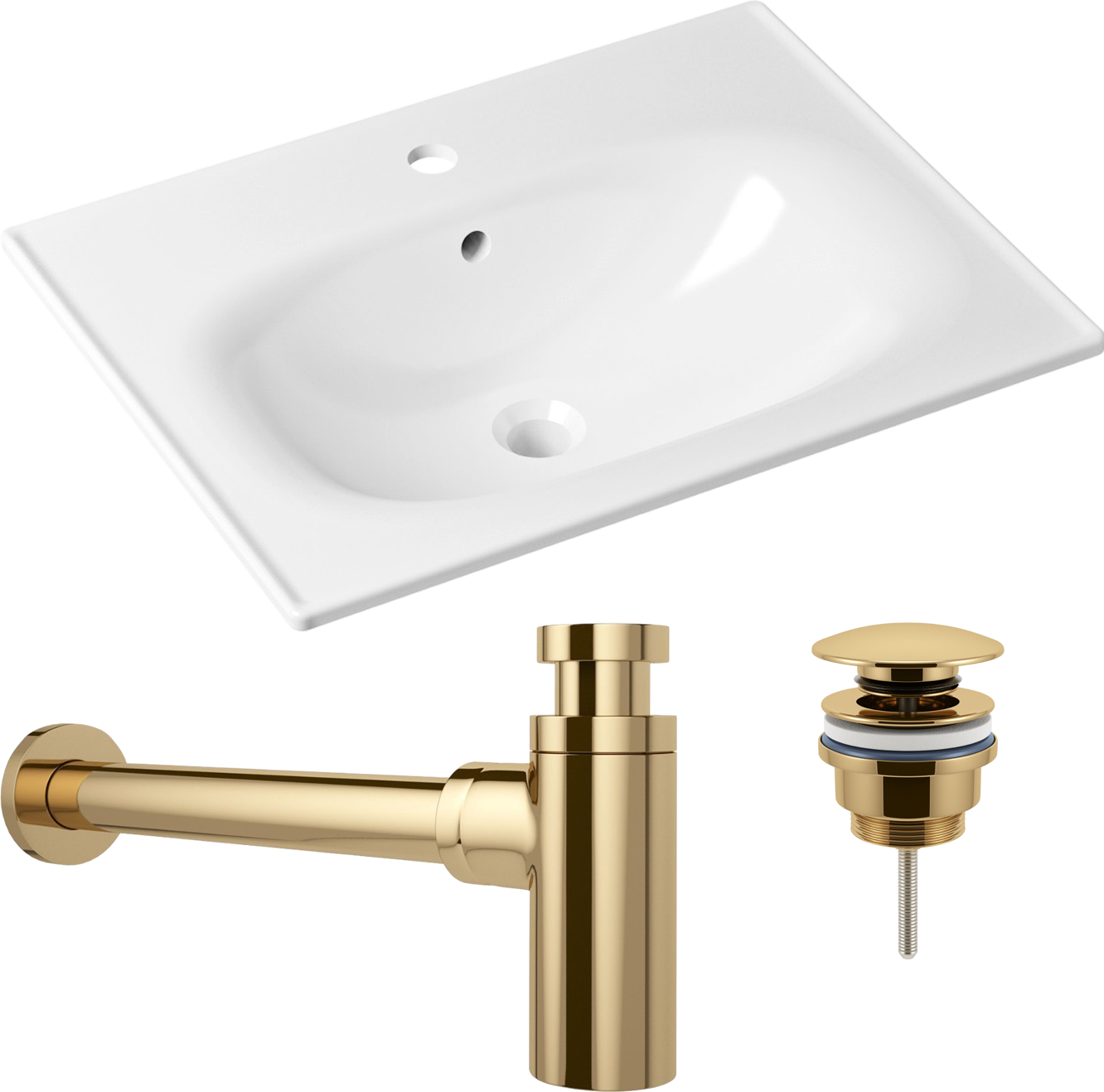 Комплект 3 в 1 Раковина Lavinia Boho Bathroom Sink 33312010 60 глянцевая белая + Донный клапан Wellsee Drainage System 182141000 золото + Сифон 182126000 бутылочный, золото