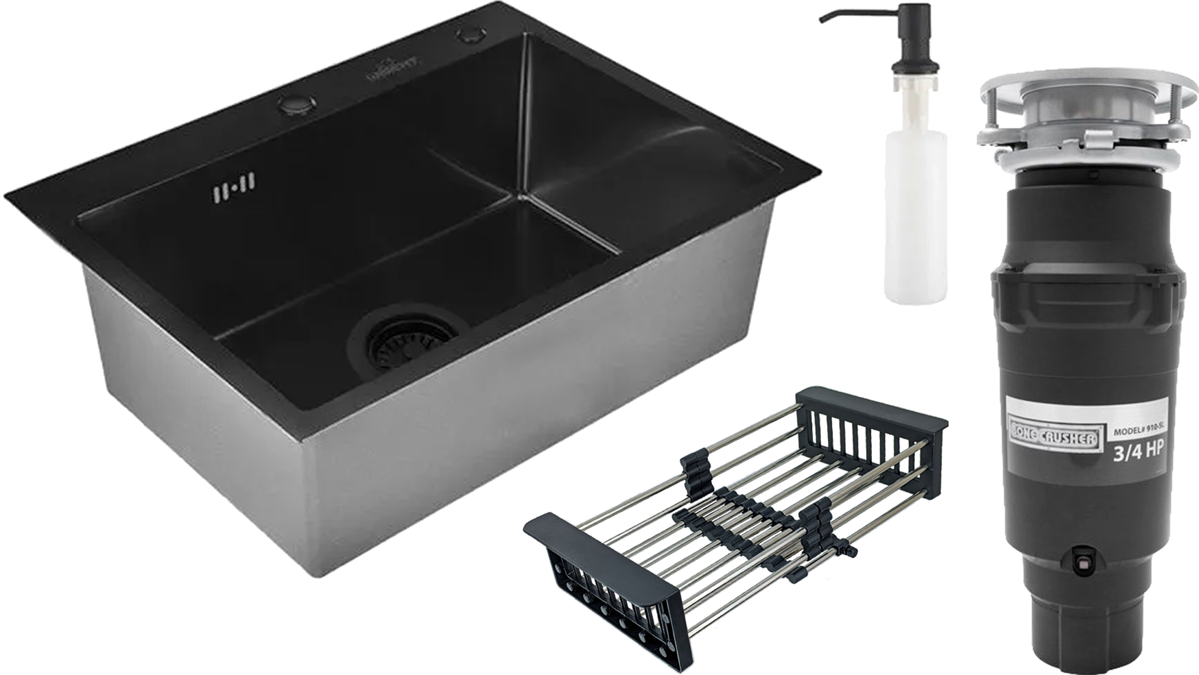 Комплект Мойка Wisent WS36050B, с PVD покрытием, с раздвижным коландером и дозатором, графит + Измельчитель Bone Crusher BC 910-SL-Slim Line