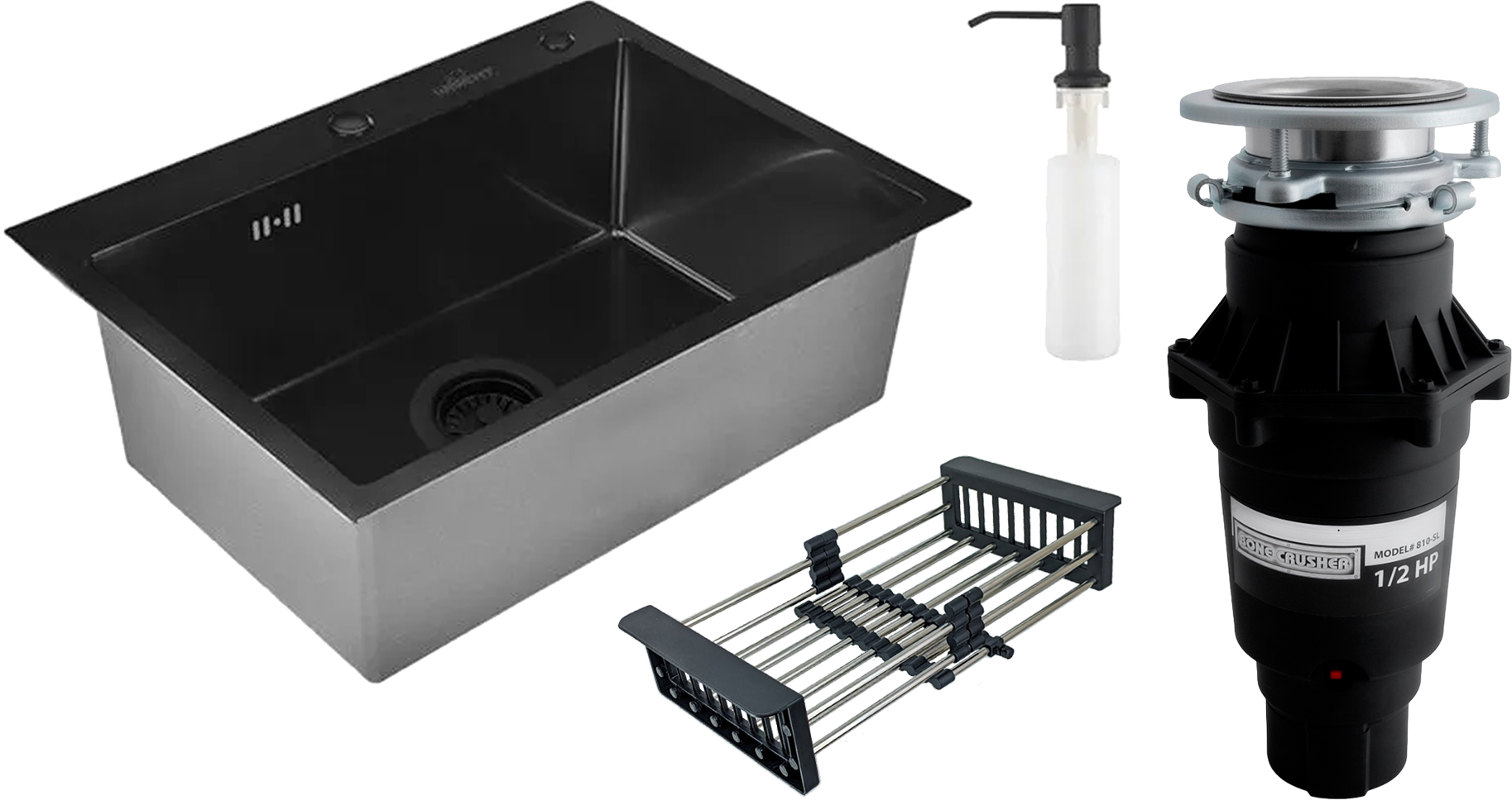 Комплект Мойка Wisent WS37050B, с PVD покрытием, с раздвижным коландером и дозатором, графит + Измельчитель Bone Crusher BC 810-SL Slim Line