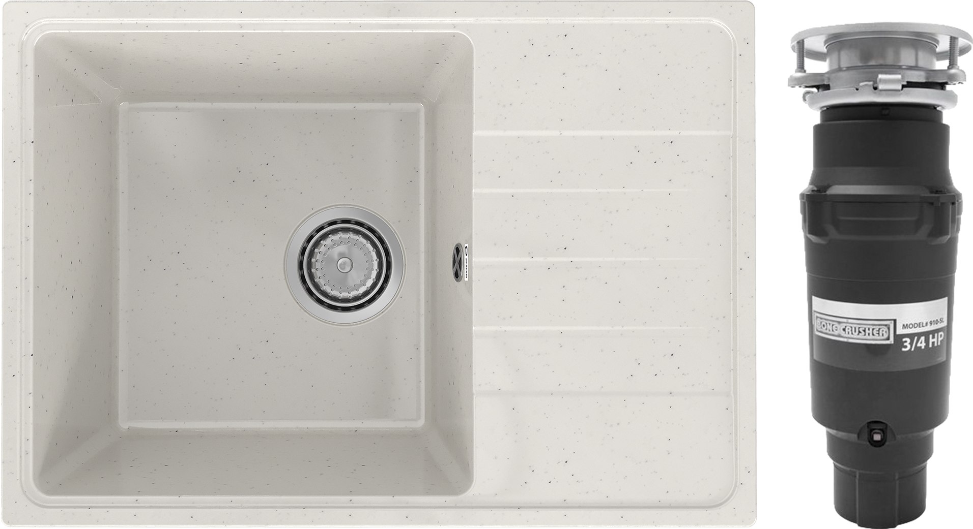 Комплект Мойка Practik PR-M 600-001, белый камень + Измельчитель Bone Crusher BC 910-SL-Slim Line