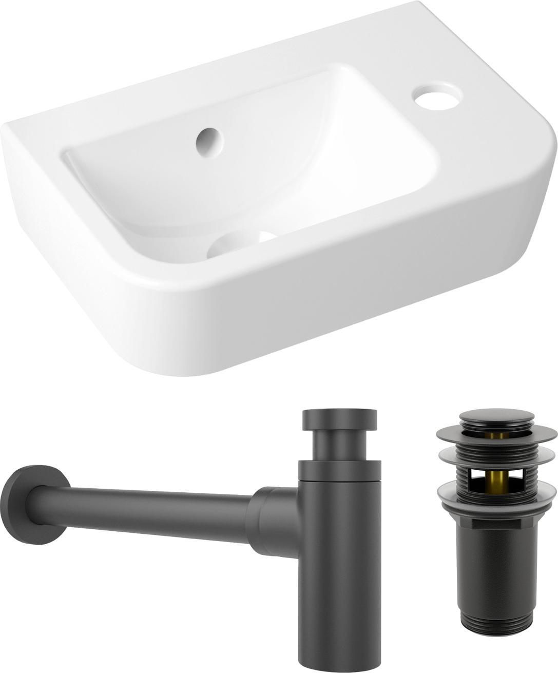 Комплект 3 в 1 Раковина маленькая Lavinia Boho One 33310001R 37 глянцевая белая + Донный клапан Wellsee Drainage System 182130000 матовый черный + Сифон 182120000 бутылочный, матовый черный