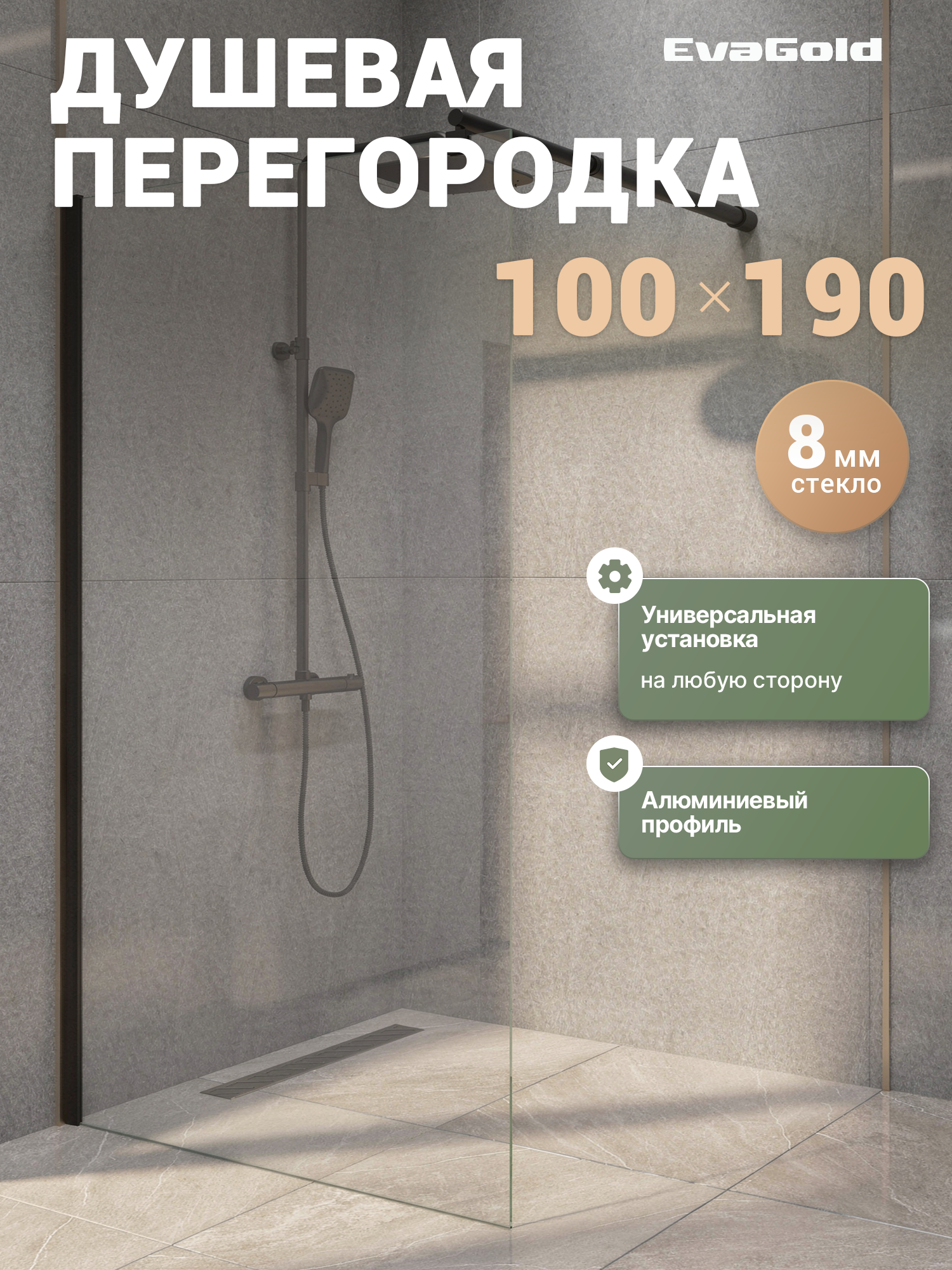 Душевая перегородка EvaGold EG6B 100х190, профиль черный матовый, стекло прозрачное