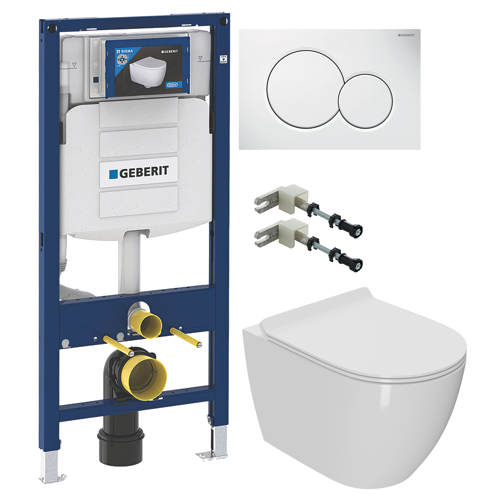 Комплект 4 в 1 Унитаз подвесной Bauedge SOL0001 + Инсталляция Geberit Duofix 111.300.00.5 + Кнопка Sigma 01 115.770.11.5 + Крепления 111.815.00.1