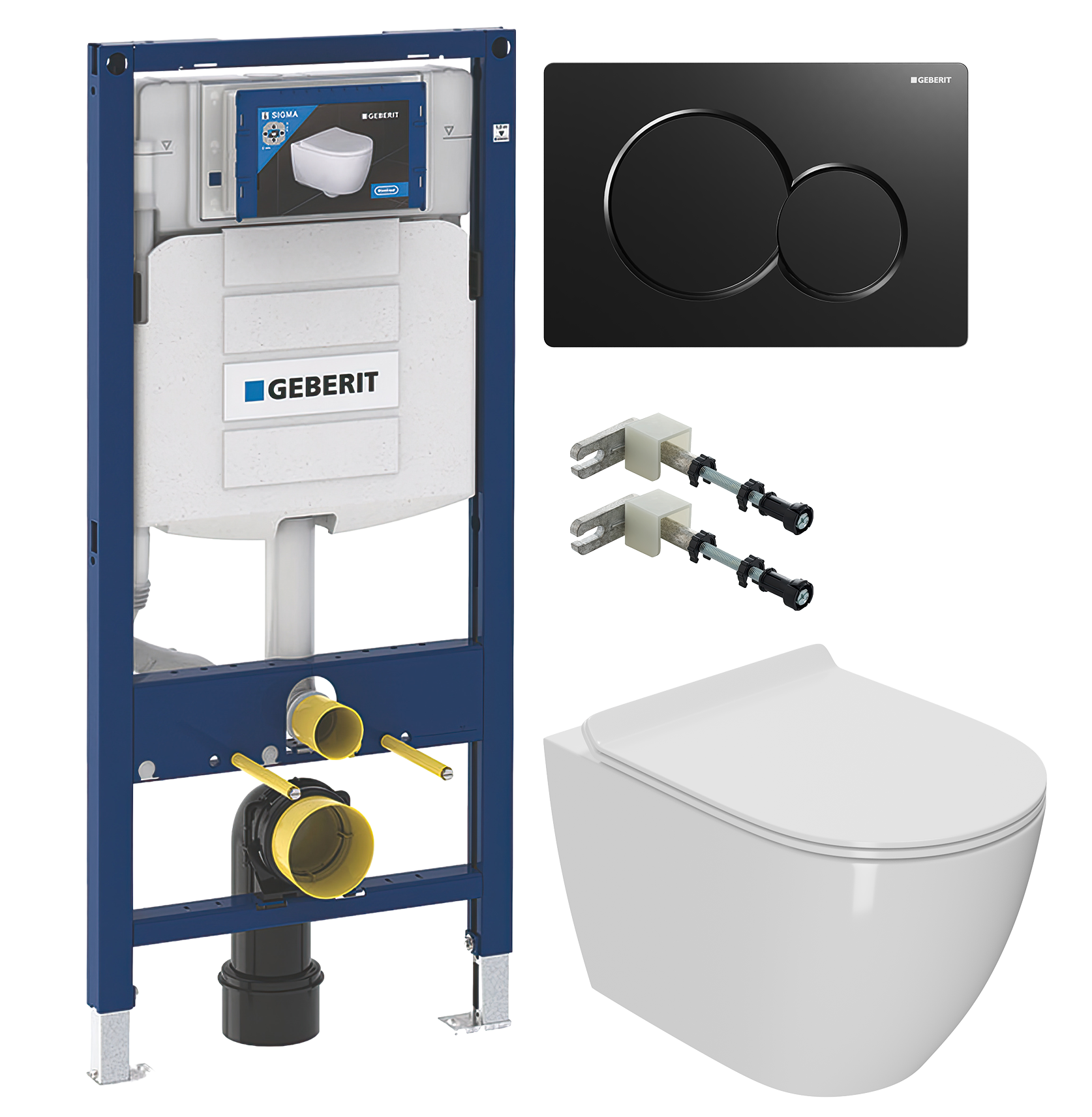 Комплект 4 в 1 Унитаз подвесной Bauedge SOL0001 + Инсталляция Geberit Duofix 111.300.00.5 + Кнопка Sigma 01 115.770.DW.5 + Крепления 111.815.00.1