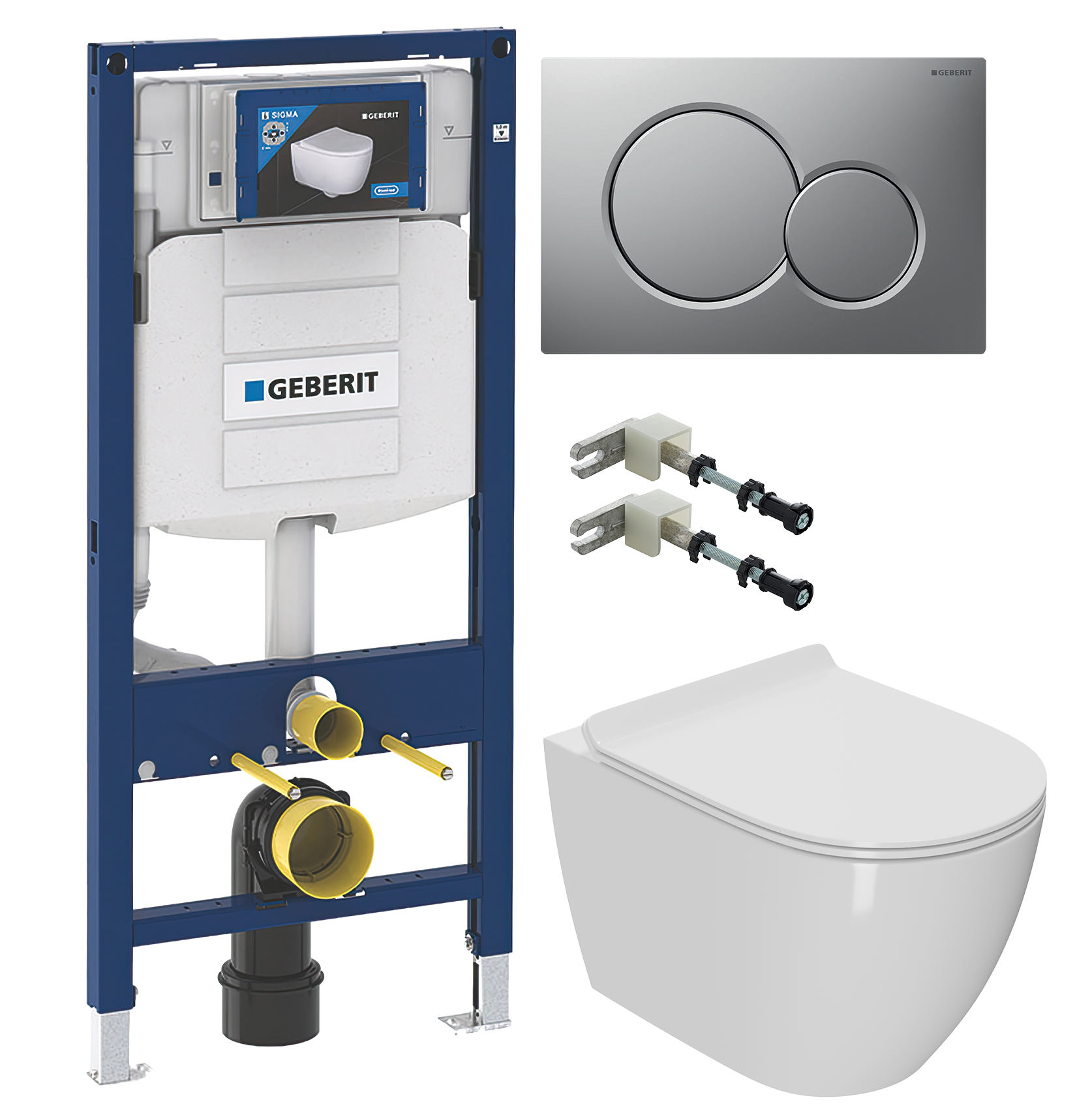 Комплект 4 в 1 Унитаз подвесной Bauedge SOL0001 + Инсталляция Geberit Duofix 111.300.00.5 + Кнопка Sigma 01 115.770.JQ.5 + Крепления 111.815.00.1