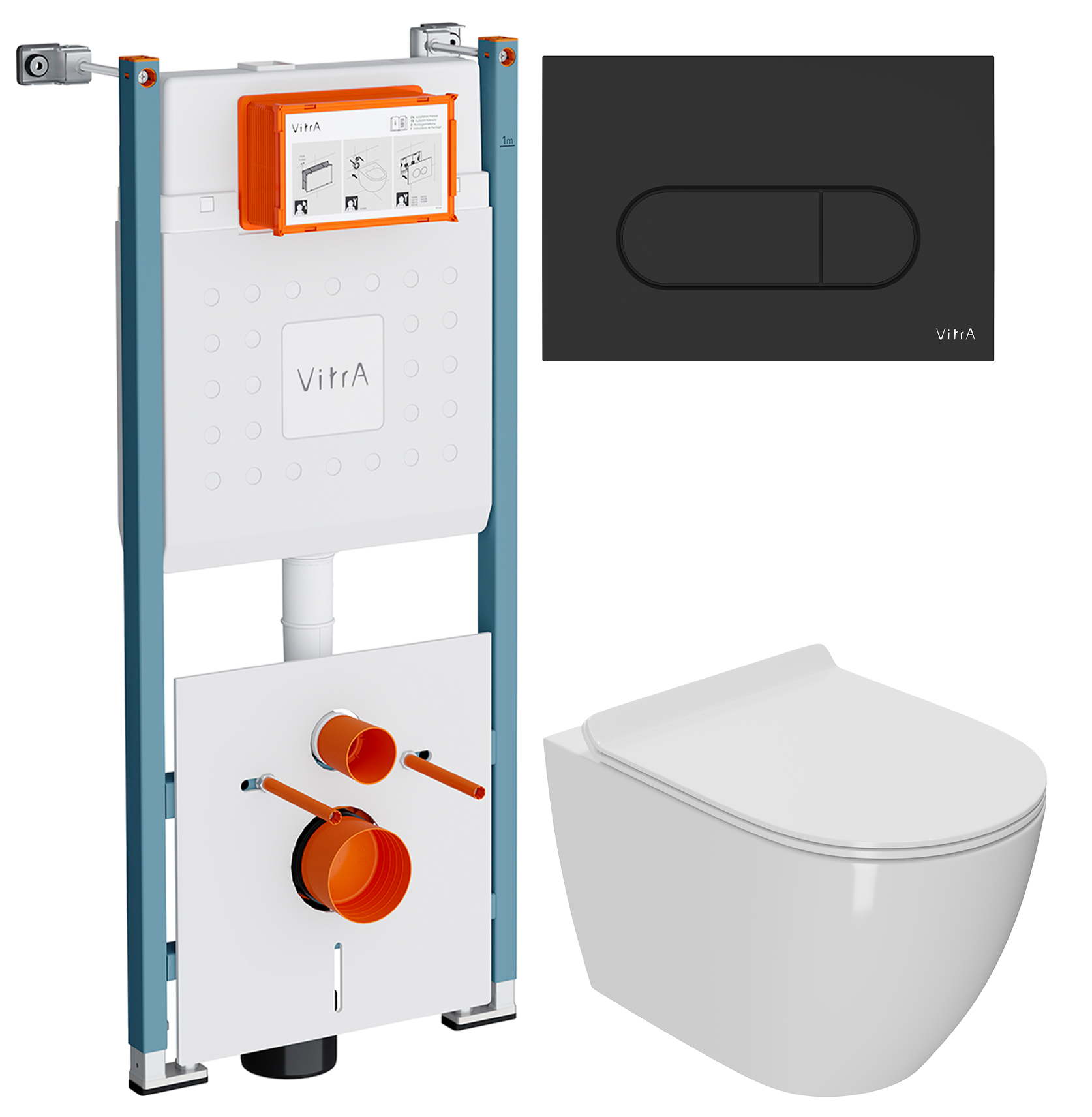 Комплект 3 в 1 Унитаз подвесной Bauedge Bau Ceramics + Инсталляция VitrA V-Fix Core 732-5800-01PV + Кнопка Root Round 740-2211 цвет матовый черный