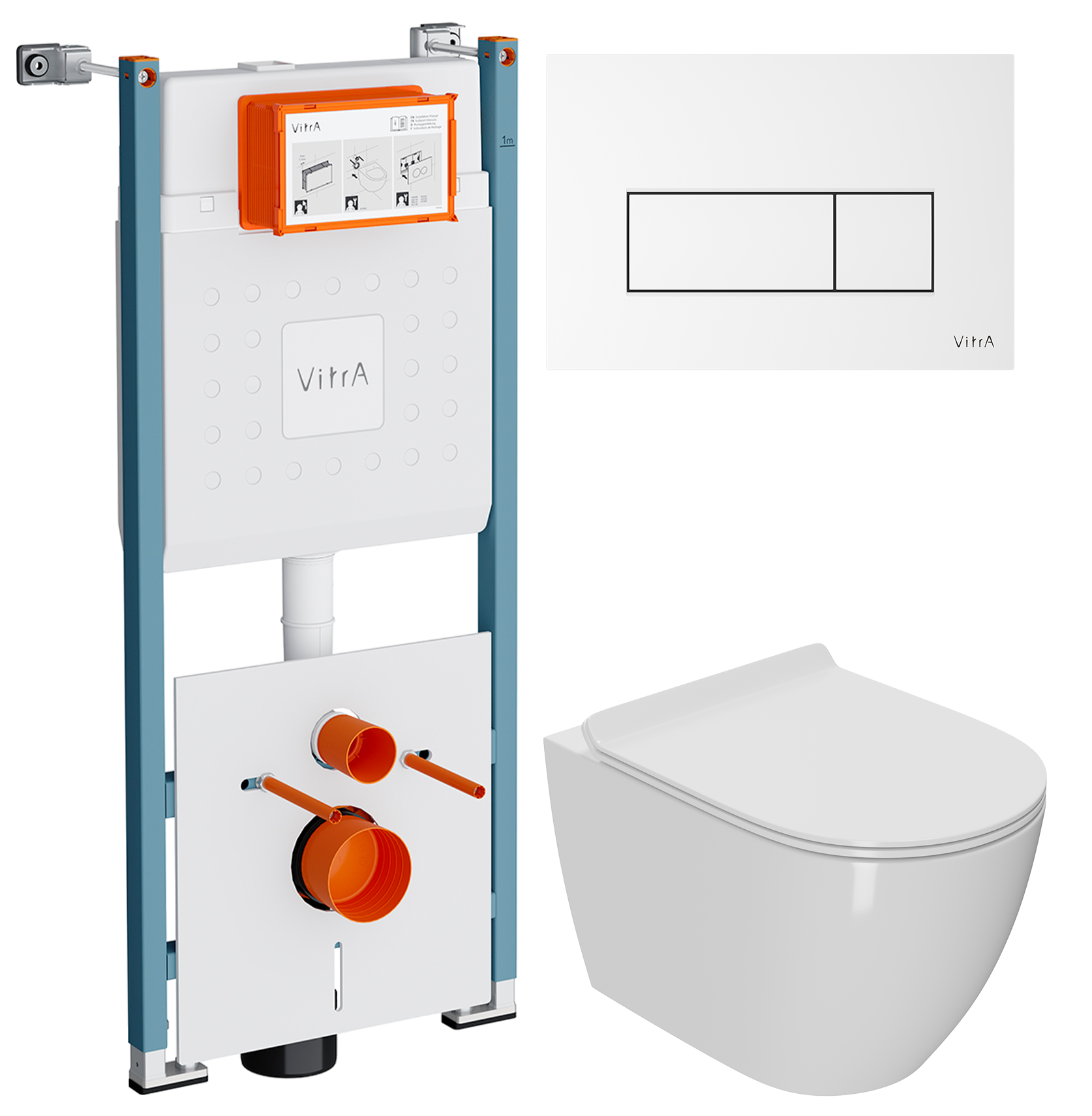 Комплект 3 в 1 Унитаз подвесной Bauedge Bau Ceramics + Инсталляция VitrA V-Fix Core 732-5800-01PV + Кнопка Root Square 740-2300 цвет глянцевый белый