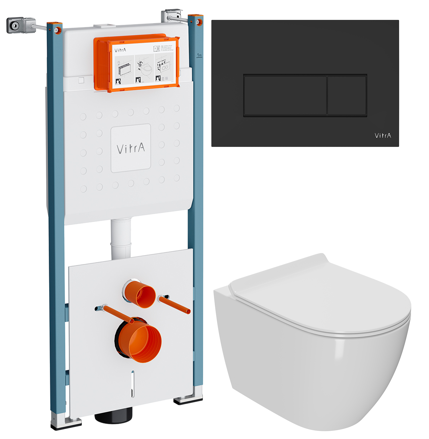 Комплект 3 в 1 Унитаз подвесной Bauedge Bau Ceramics + Инсталляция VitrA V-Fix Core 732-5800-01PV + Кнопка Root Square 740-2311 цвет матовый черный