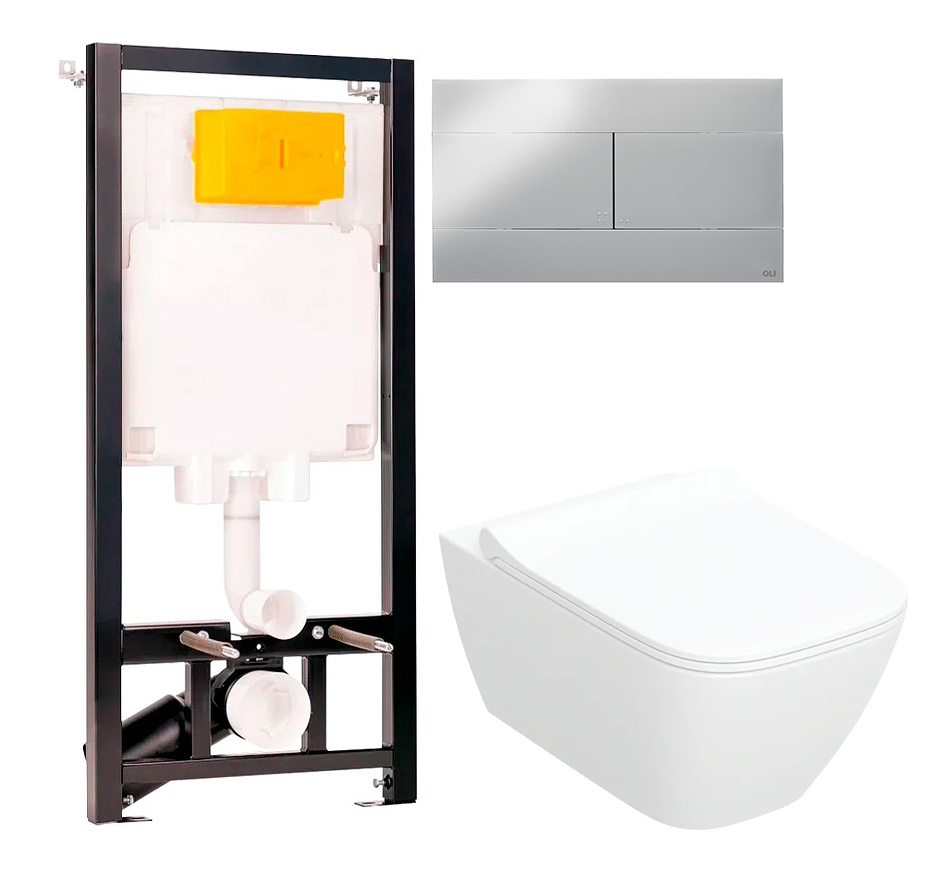 Комплект 2 в 1 Унитаз подвесной Geberit Smyle Square 500.685.01.1 + Инсталляция с кнопкой OLI 80 ECO Sanitarblock mechanic цвет черный