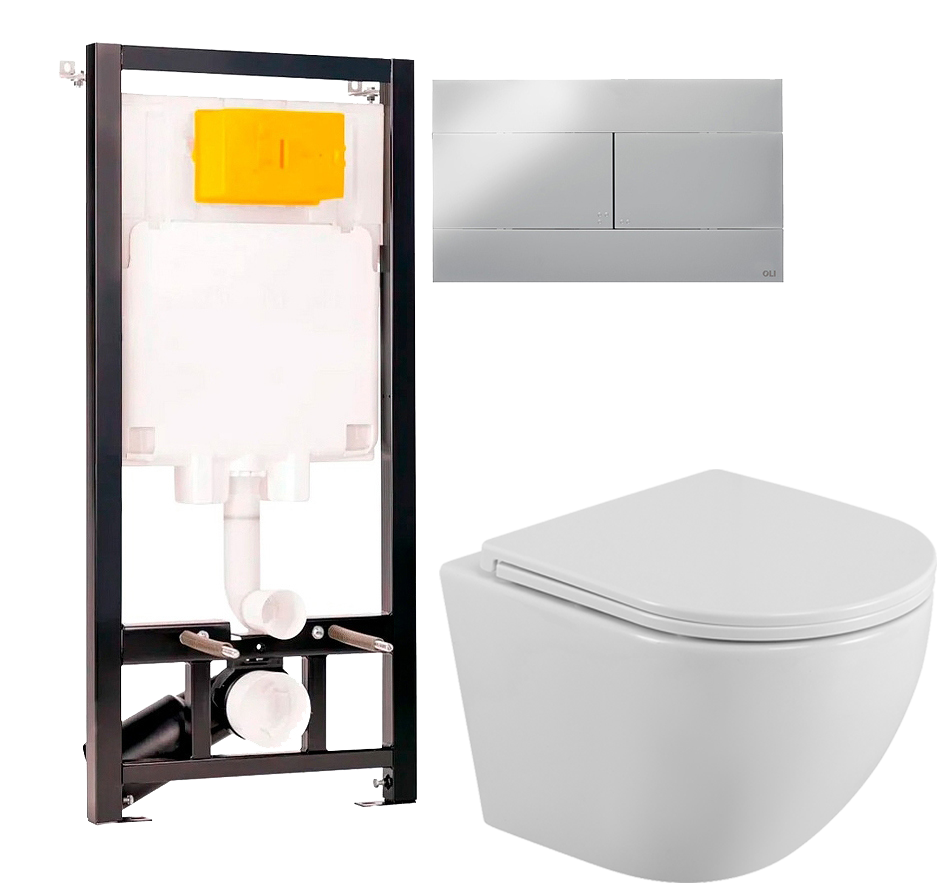 Комплект 2 в 1 Унитаз подвесной BelBagno Uno BB3105CHR/SC + Инсталляция с кнопкой OLI 80 ECO Sanitarblock mechanic цвет черный