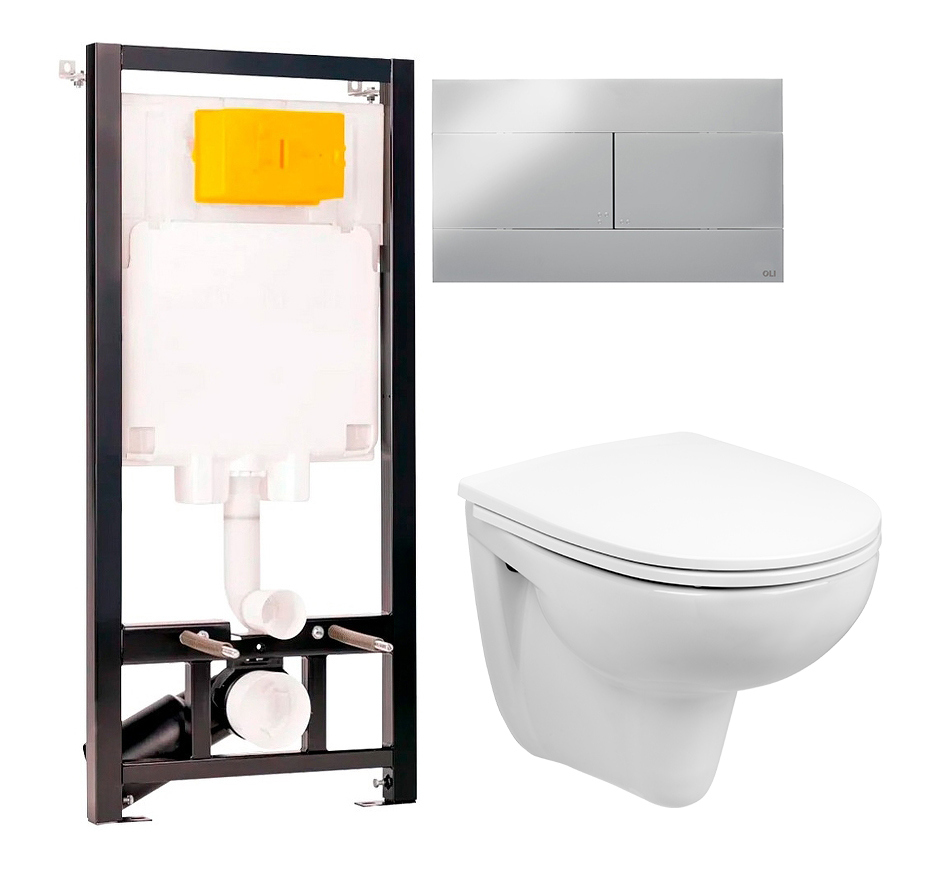 Комплект 2 в 1 Унитаз подвесной Wanfald Lauta 47302100005 + Инсталляция с кнопкой OLI 80 ECO Sanitarblock mechanic цвет черный