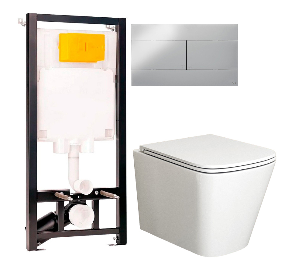 Комплект 2 в 1 Унитаз подвесной Bauedge Stil BS0002 с микролифтом, безободковый, глянцевый белый + Инсталляция с кнопкой OLI 80 ECO Sanitarblock mechanic цвет черный