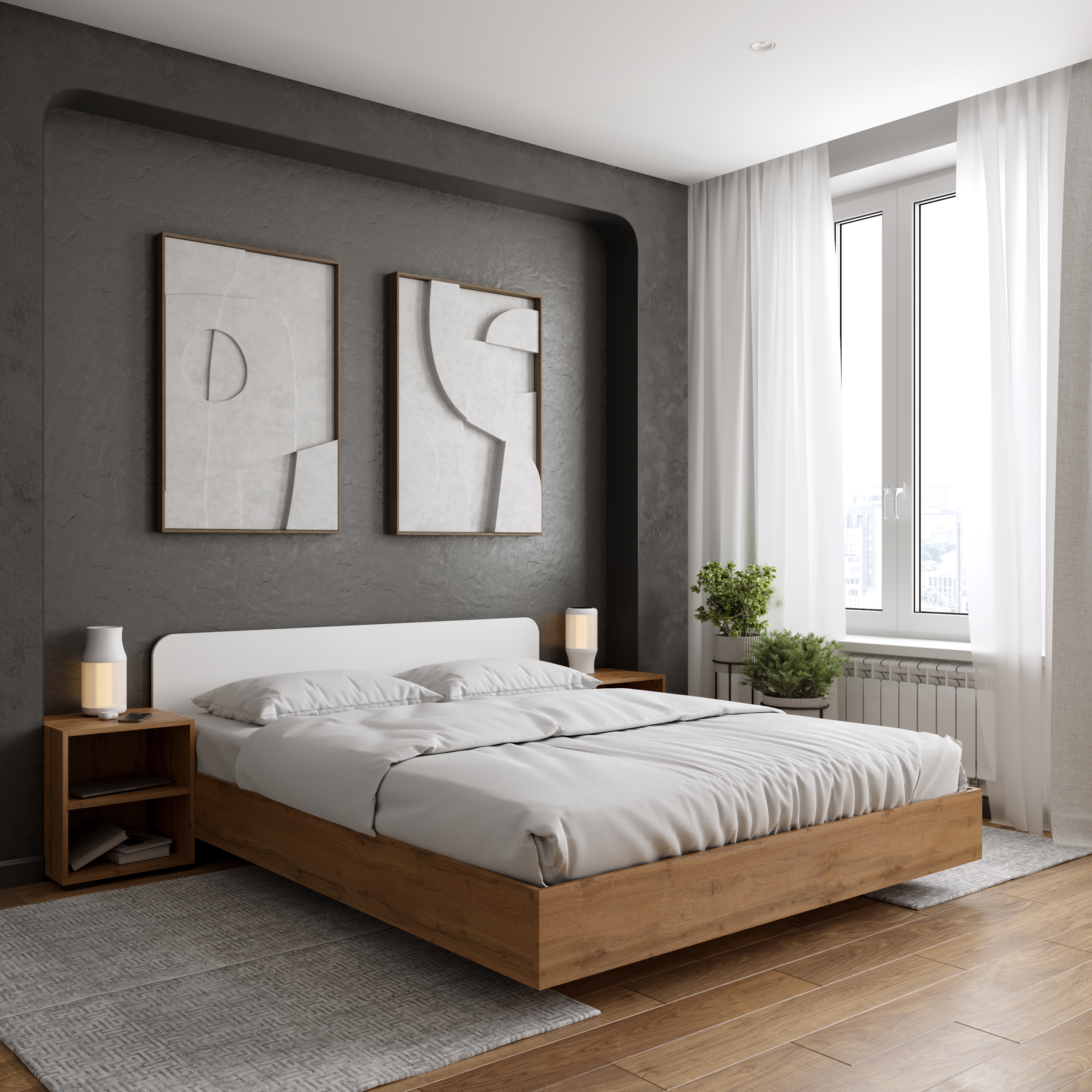 Спальный гарнитур DIWO Кострома 160x200 с прикроватными тумбами, дуб вотан, белый