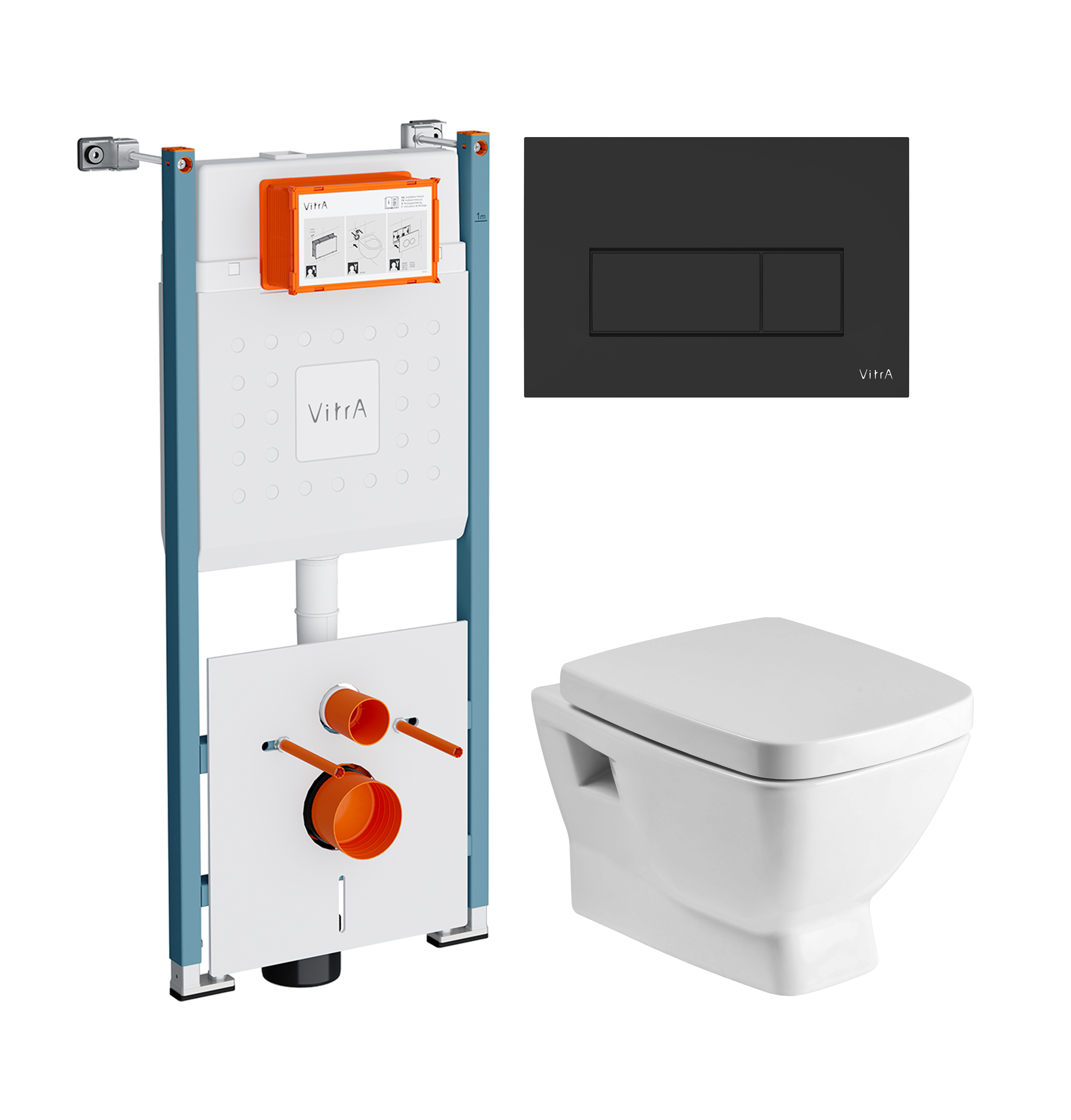Комплект 3 в 1 Унитаз подвесной Santek Нео 1WH302423 + Инсталляция VitrA V-Fix Core 732-5800-01PV + Кнопка Root Square 740-2311 цвет матовый черный