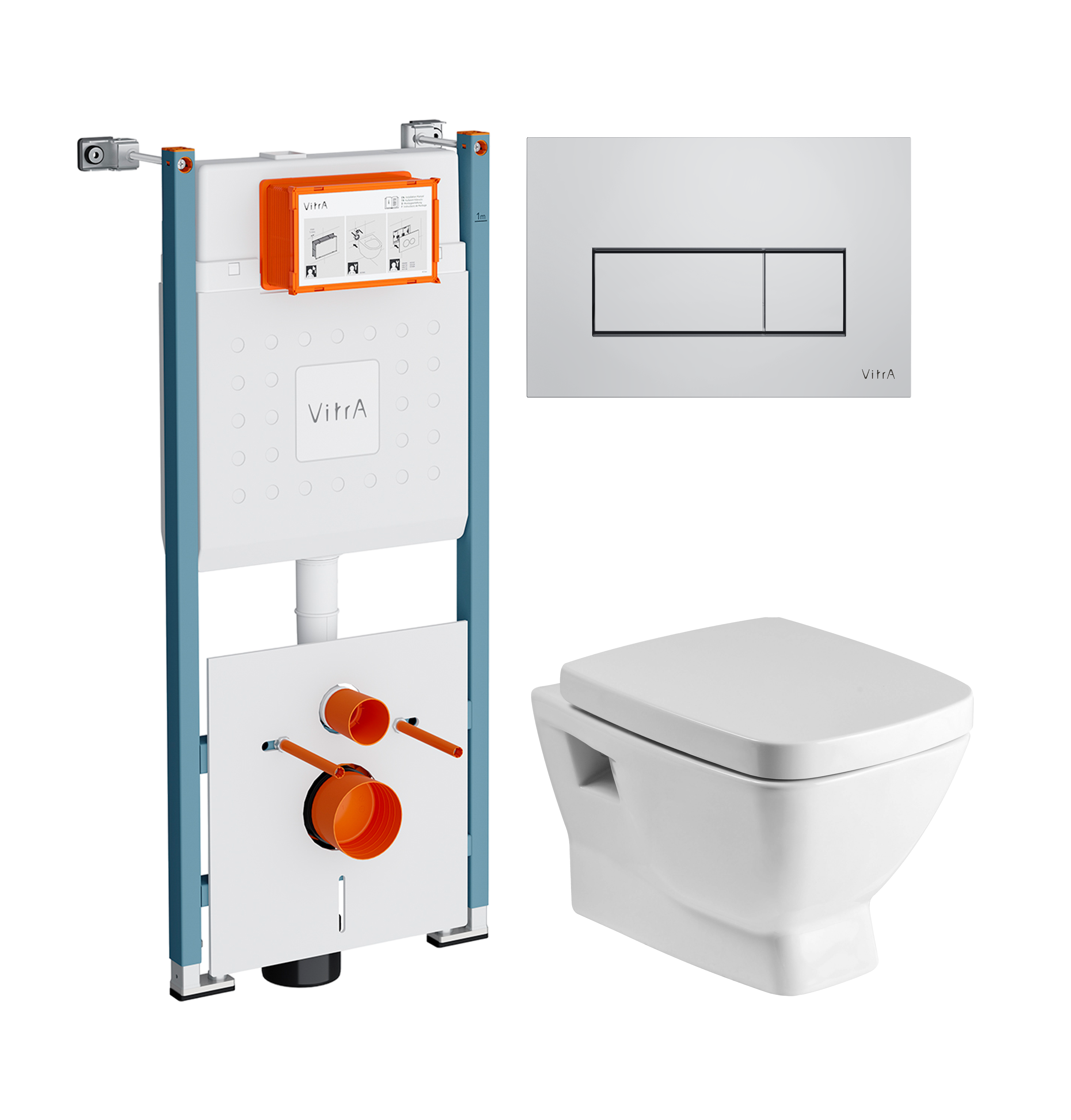 Комплект 3 в 1 Унитаз подвесной Santek Нео 1WH302423 + Инсталляция VitrA V-Fix Core 732-5800-01PV + Кнопка Root Square 740-2380 цвет хром