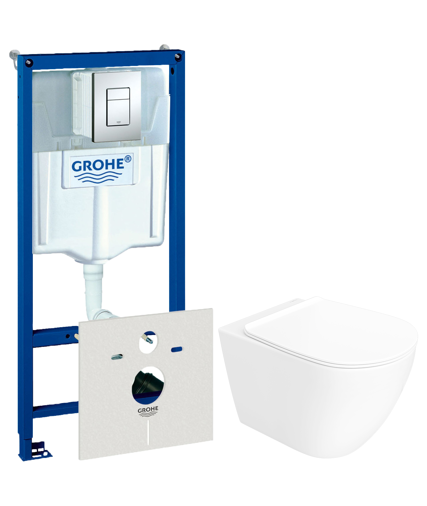 Комплект 4 в 1: Инсталляция Grohe Rapid SL 38775001 + Унитаз подвесной STWORKI Готланд S13401WH + Кнопка хром + Комплект шумоизоляции, креплений