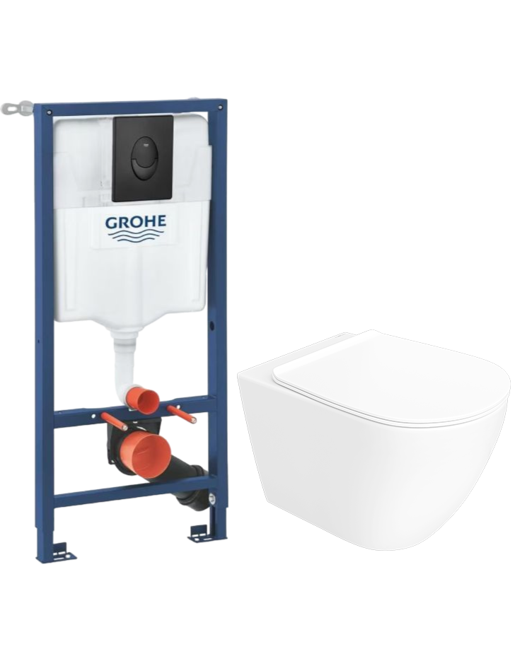 Комплект 4 в 1: Инсталляция Grohe Rapid SL 1000044 + Унитаз подвесной STWORKI Готланд S13401WH + Кнопка черная + Комплект креплений