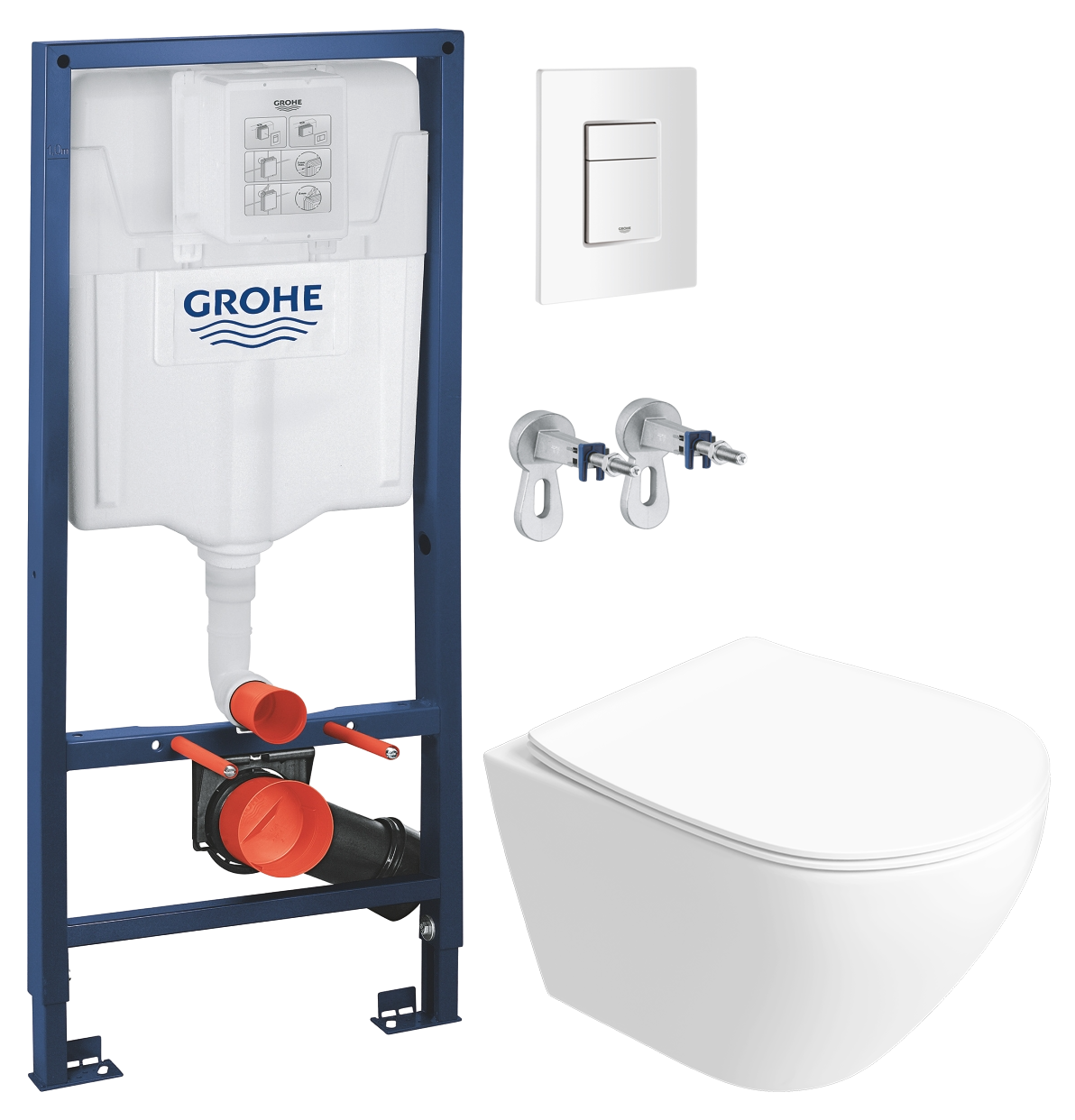 Комплект 5 в 1: Инсталляция Grohe Rapid SL 38772SH0 + Унитаз подвесной Кронборг S28401WH безободковый + Сиденье с микролифтом + Кнопка Skate Cosmopolitan + Крепления